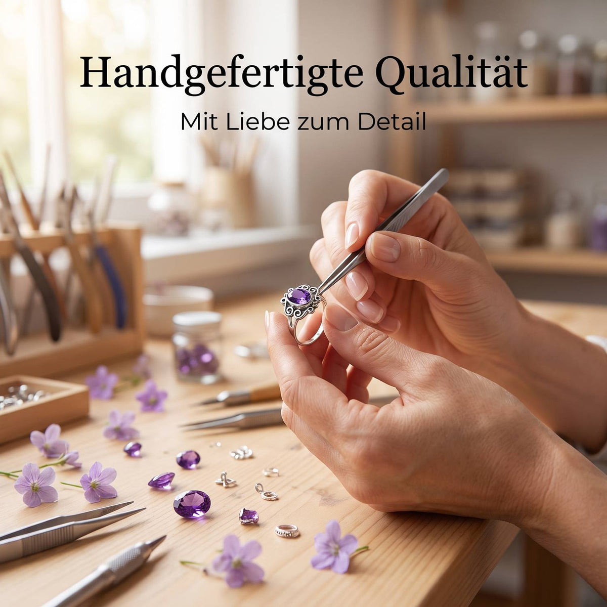 Handgefertigter Silberring mit Amethyst bei der Schmuckherstellung