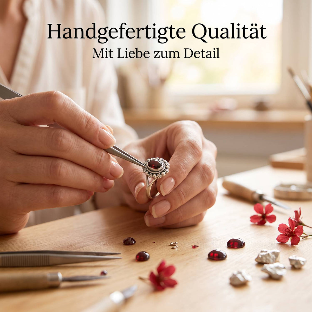 Handgefertigter Silberring mit Granat bei der Schmuckherstellung