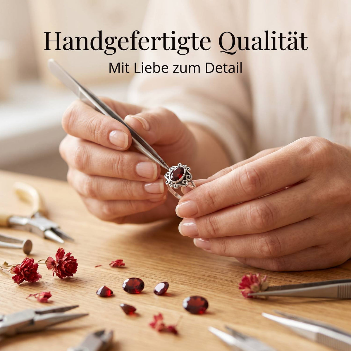 Handgefertigter Silberring mit Granat bei der Schmuckherstellung