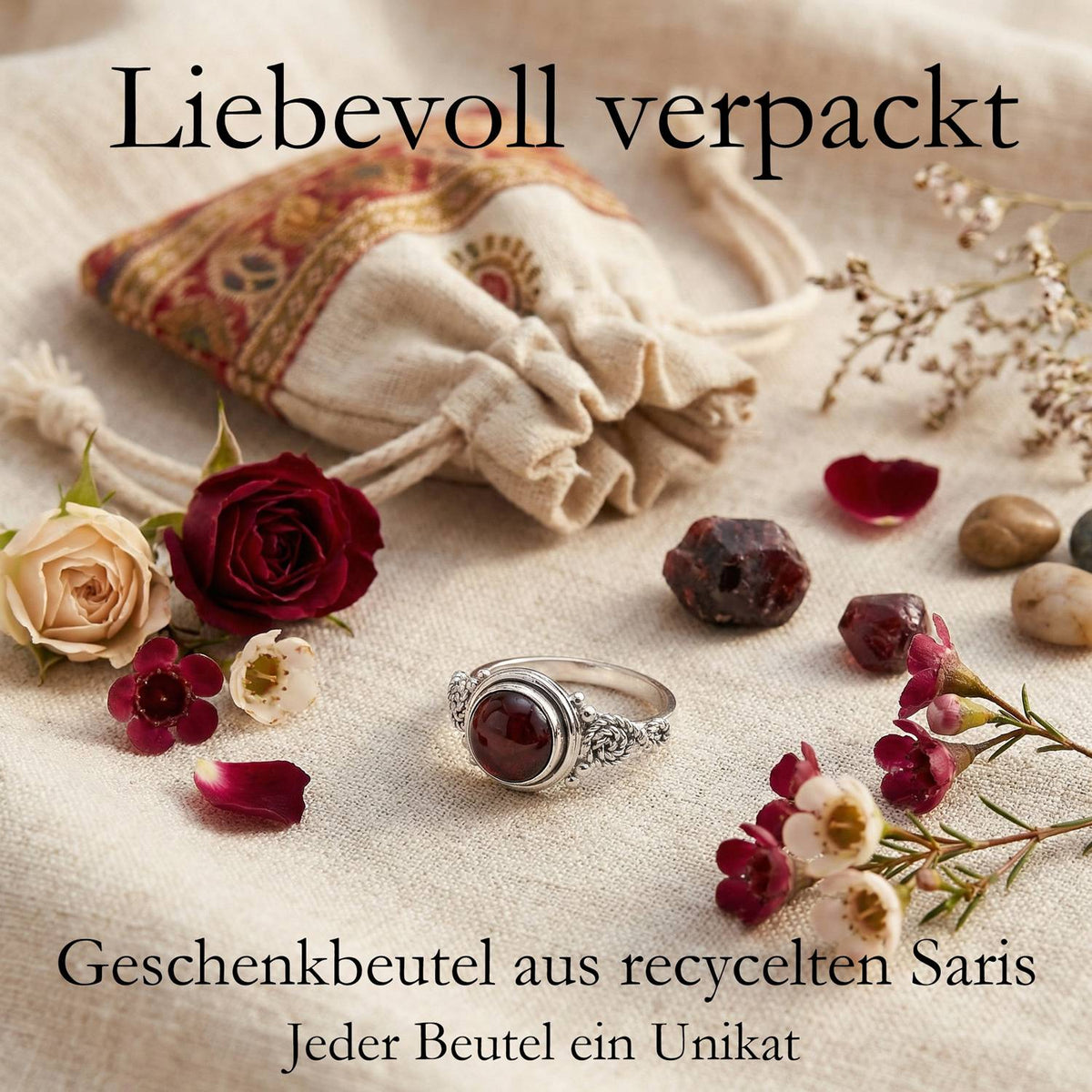 Silberring mit Granat und Geschenkbeutel aus recyceltem Sari