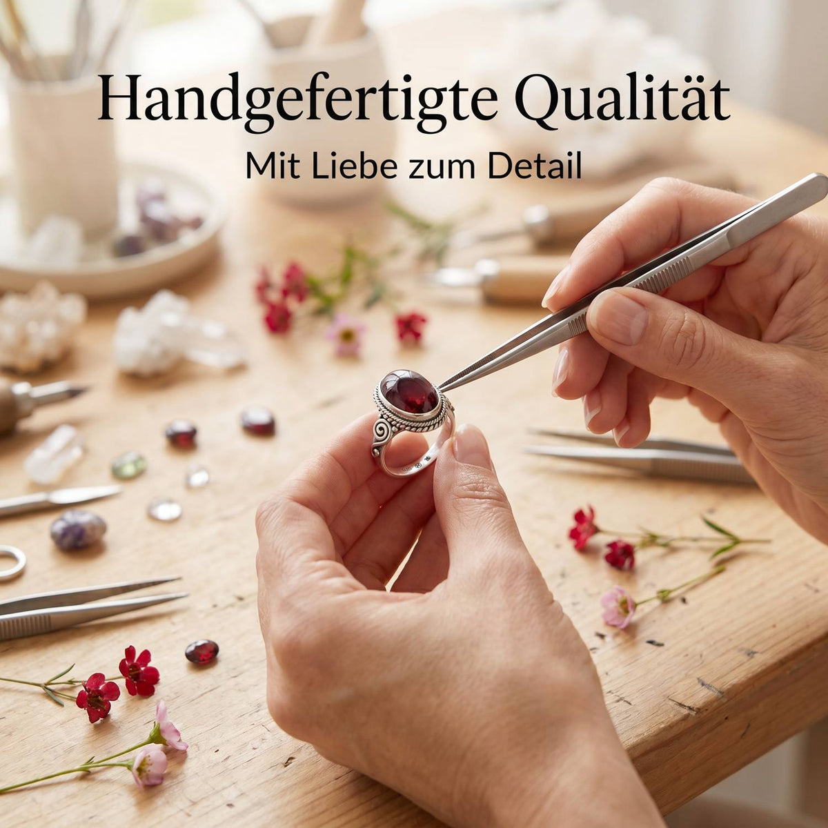 Handgefertigter Silberring mit Granat bei der Schmuckherstellung