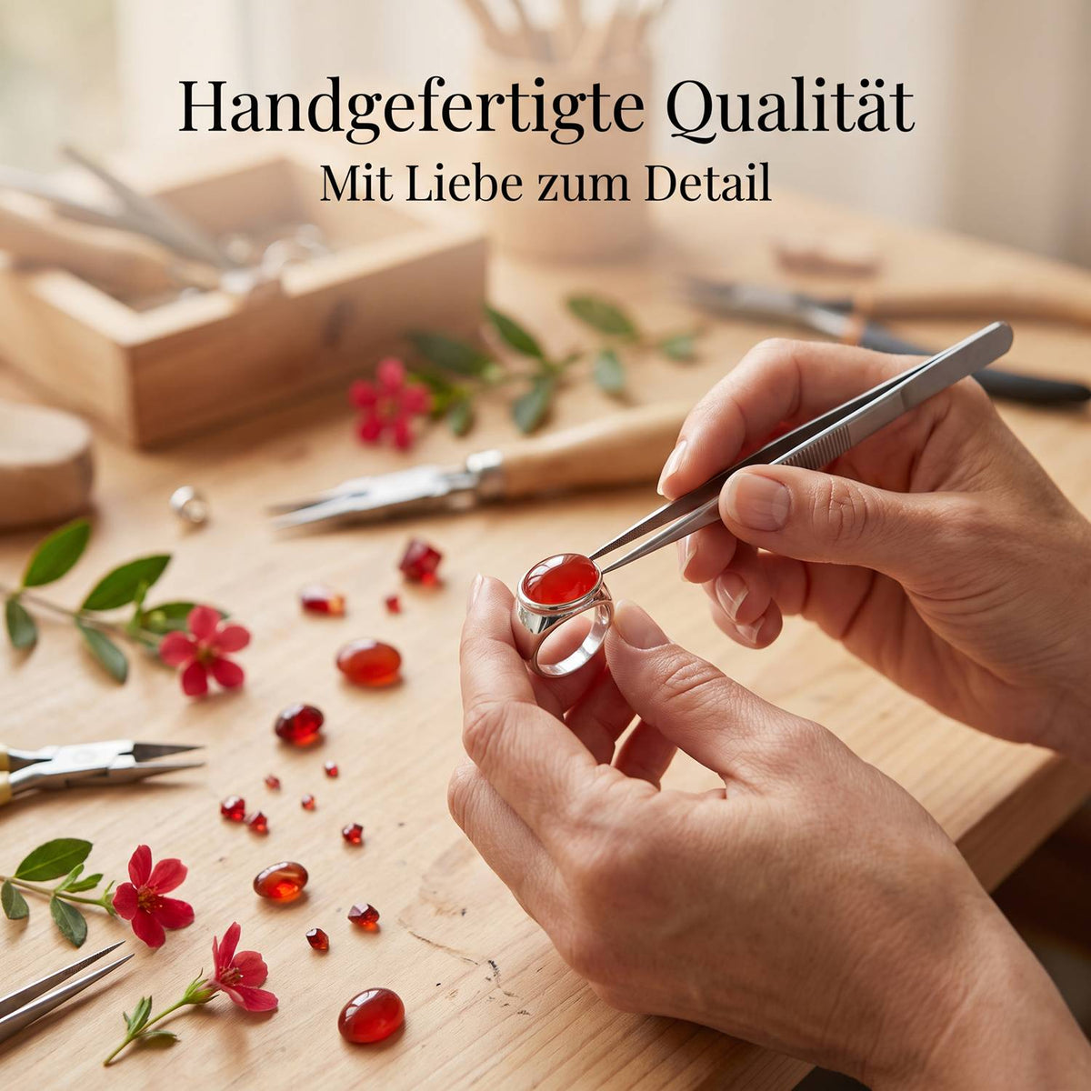 Handgefertigter Silberring mit Karneol bei der Schmuckherstellung