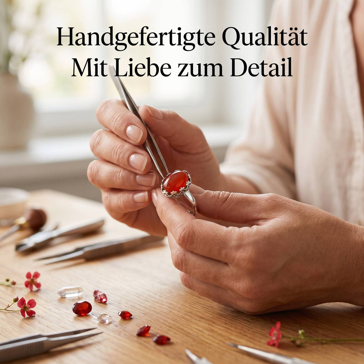 Handgefertigter Silberring mit Karneol bei der Schmuckherstellung