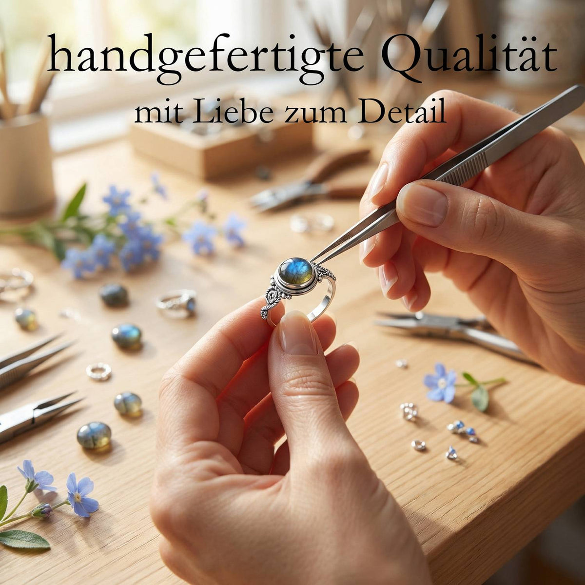 Handgefertigter Silberring mit Labradorit bei der Schmuckherstellung