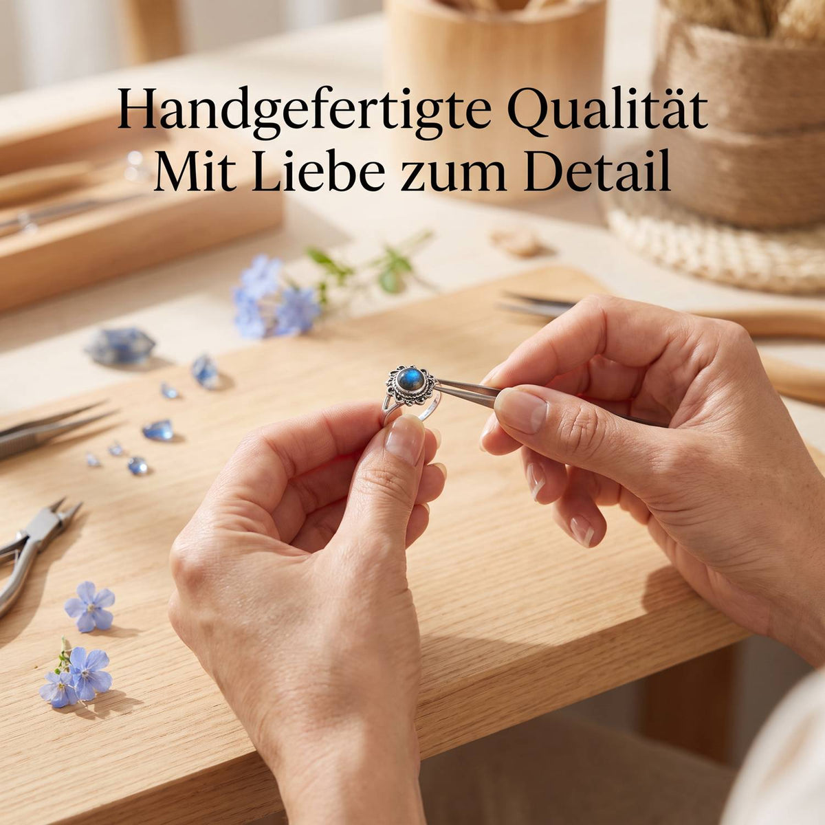 Handgefertigter Silberring mit Labradorit bei der Schmuckherstellung