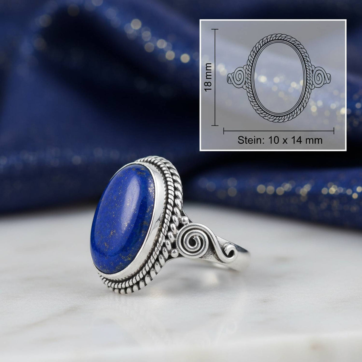 Lapislazuliring aus Silber mit Maßangaben zu Ring und Edelstein