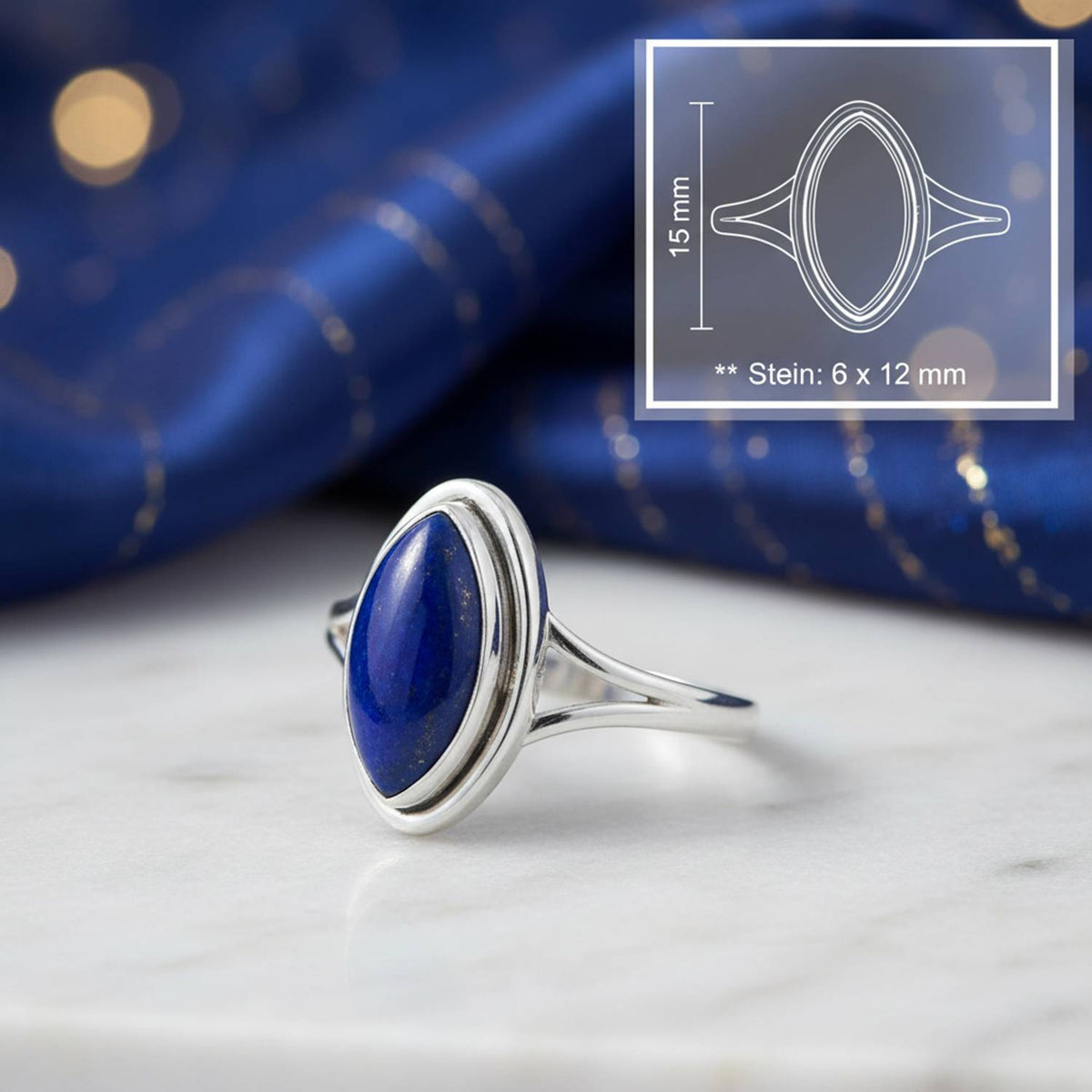 Lapislazuliring aus Silber mit Maßangaben zu Ring und Edelstein