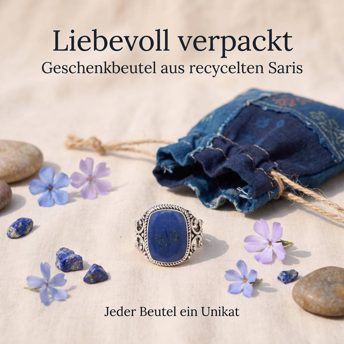 Silberring mit Lapislazuli und Geschenkbeutel aus recyceltem Sari