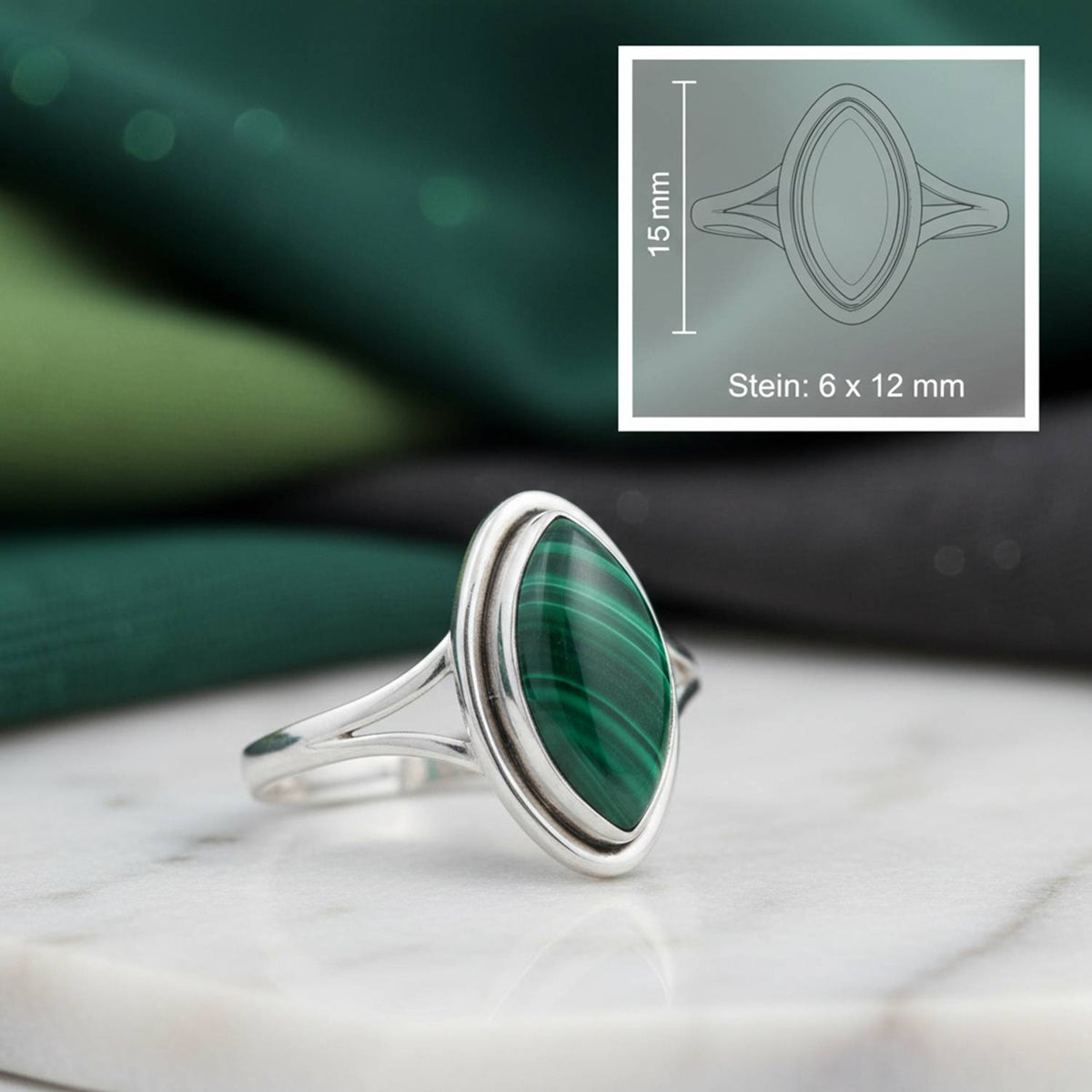 Malachitring aus Silber mit Maßangaben zu Ring und Edelstein