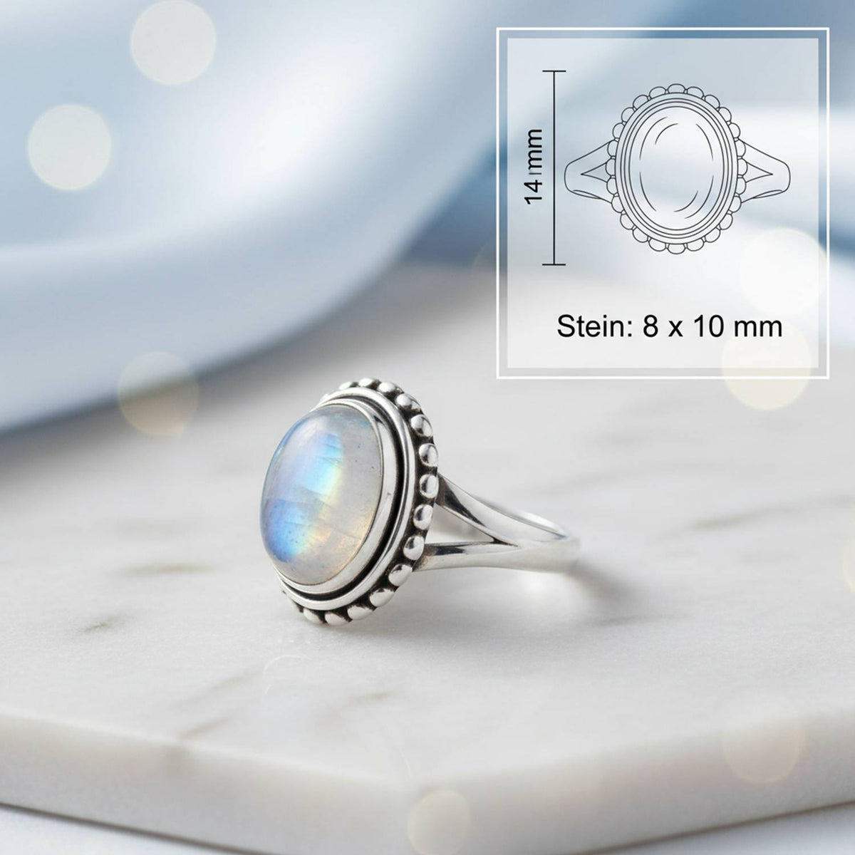 Mondsteinring aus Silber mit Maßangaben zu Ring und Edelstein