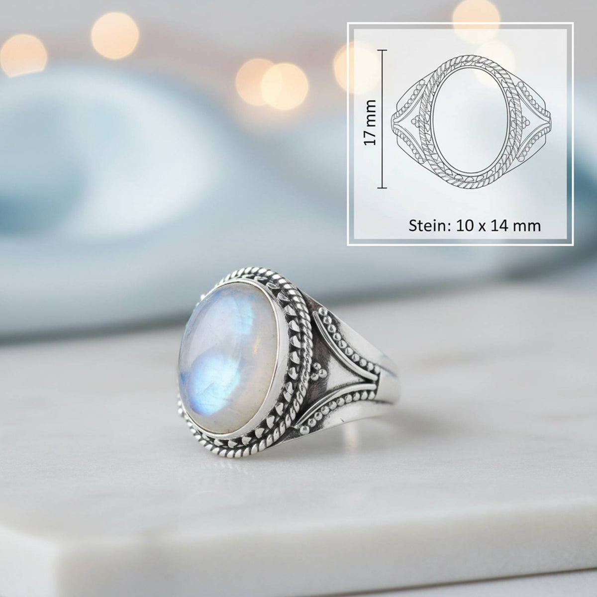Mondsteinring aus Silber mit Maßangaben zu Ring und Edelstein
