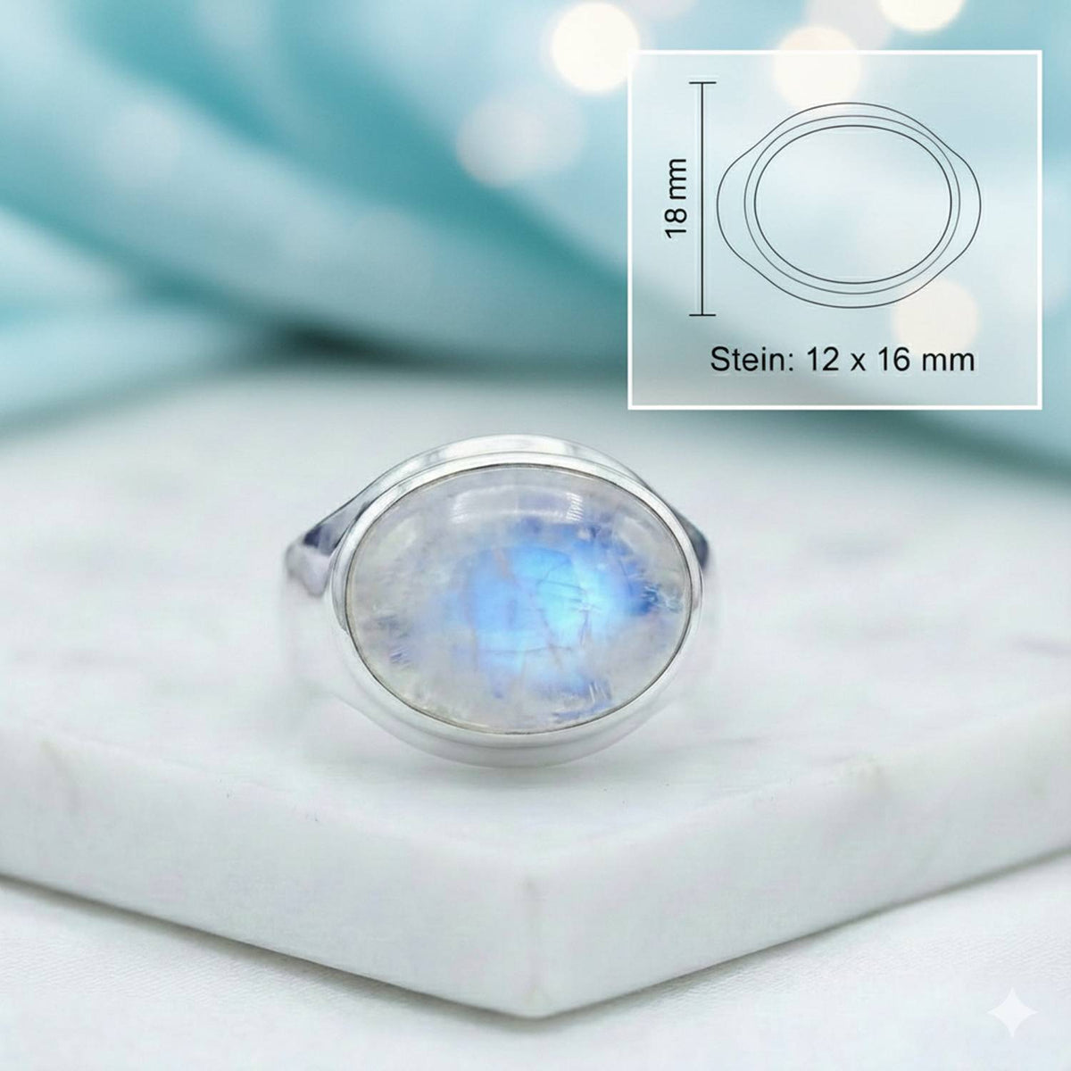 Mondsteinring aus Silber mit Maßangaben zu Ring und Edelstein