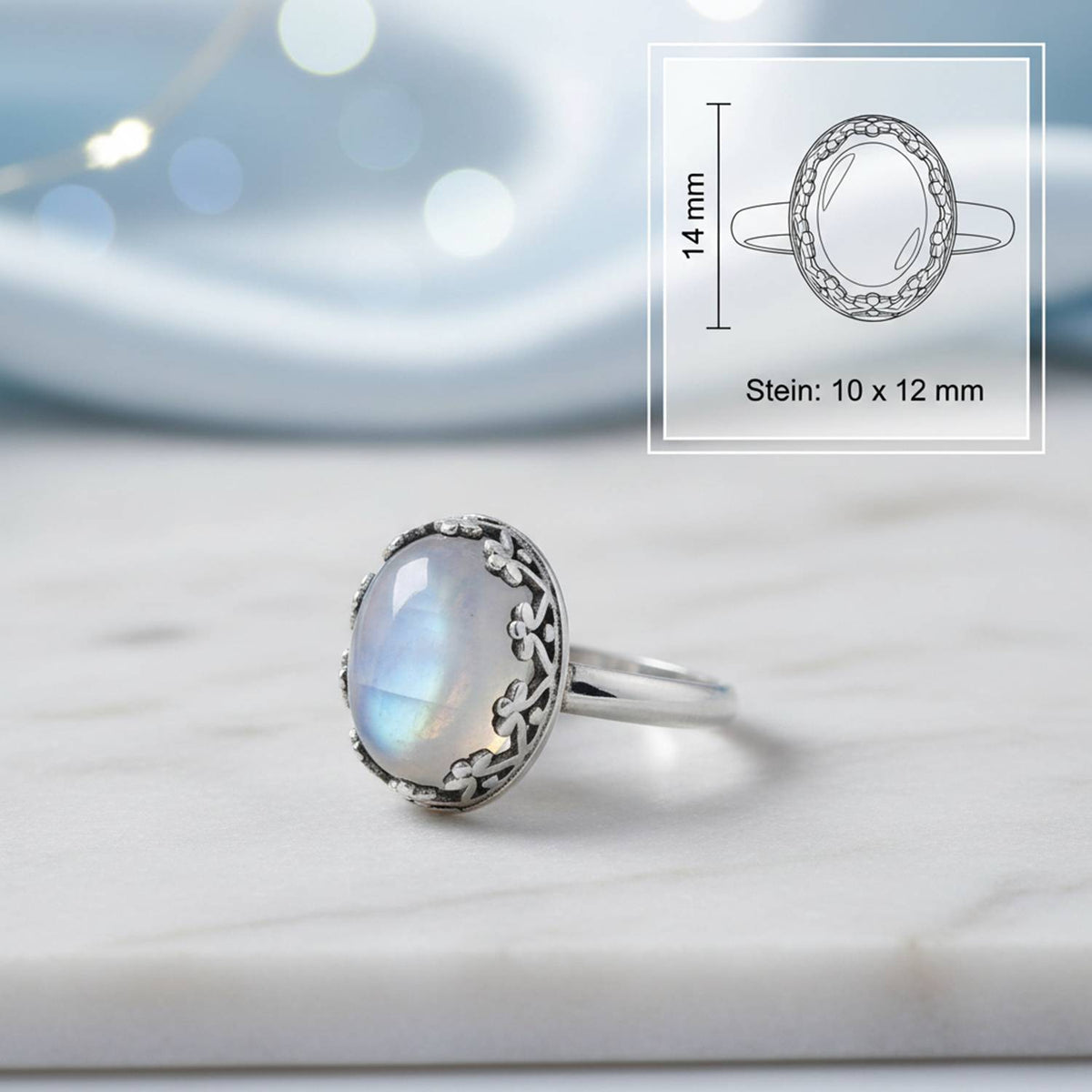 Mondsteinring aus Silber mit Maßangaben zu Ring und Edelstein