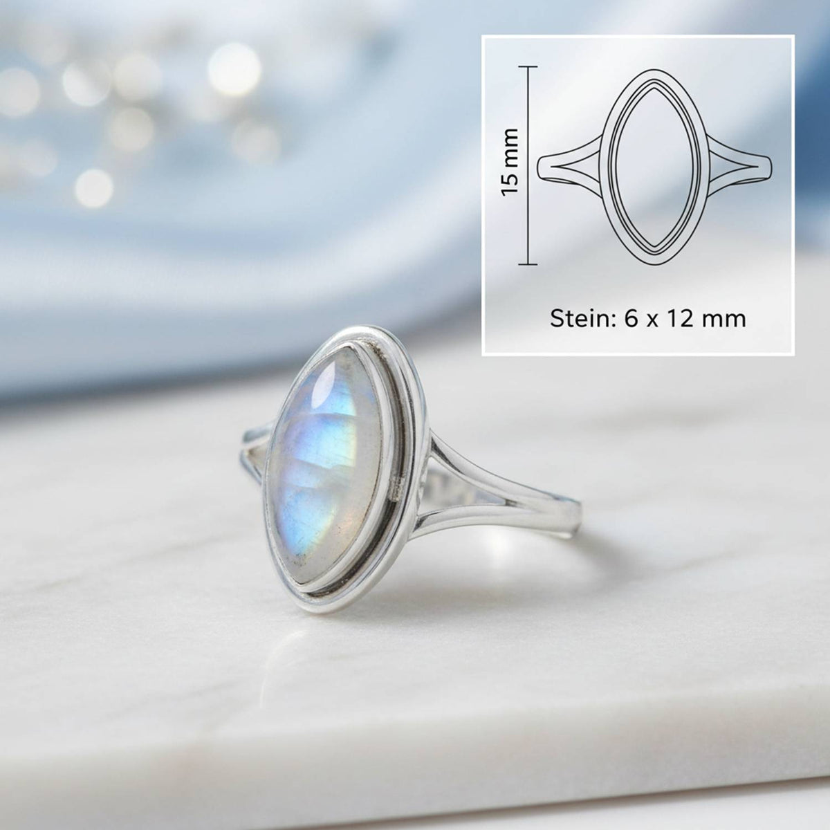 Mondsteinring aus Silber mit Maßangaben zu Ring und Edelstein