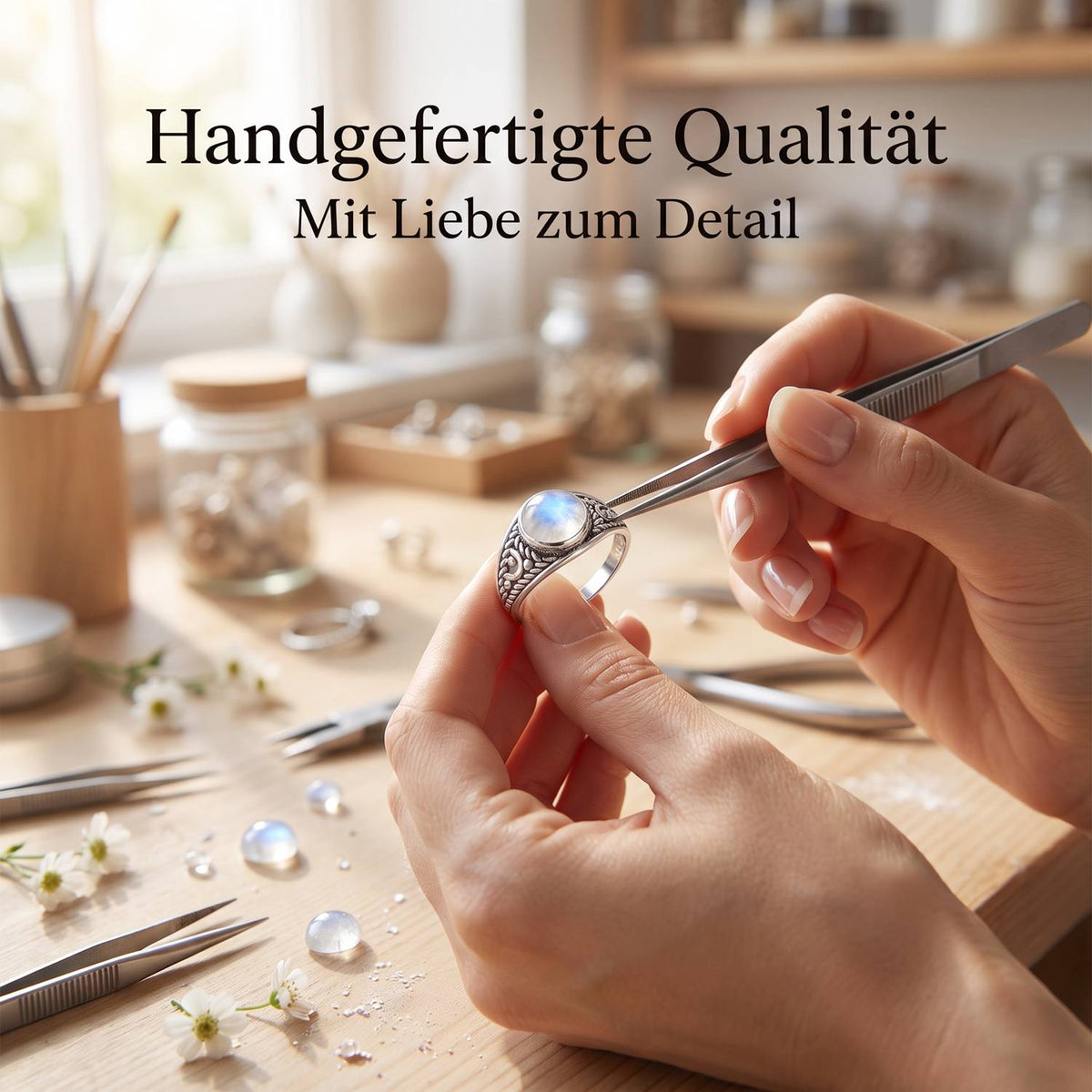 Handgefertigter Silberring mit Mondstein bei der Schmuckherstellung
