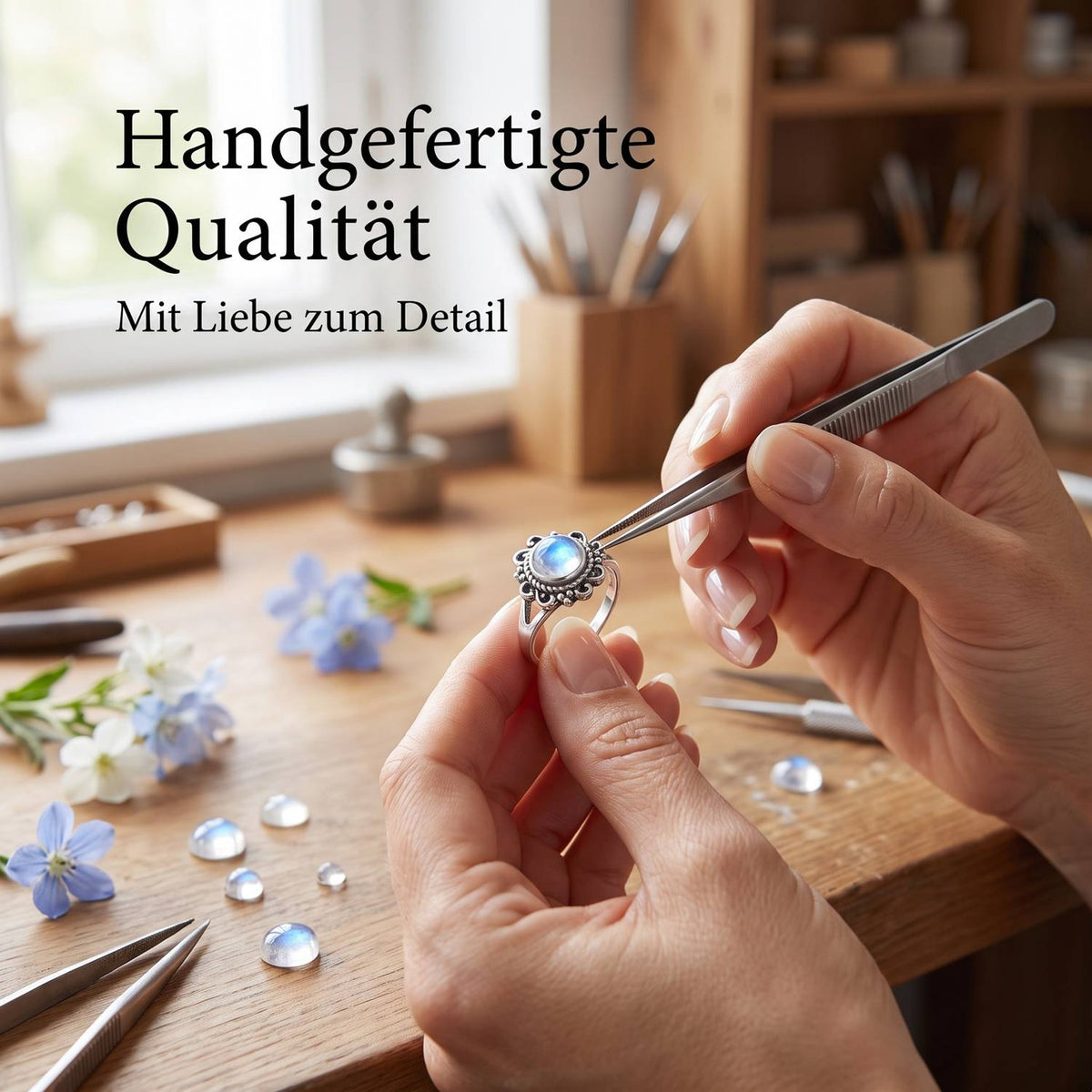 Handgefertigter Silberring mit Mondstein bei der Schmuckherstellung
