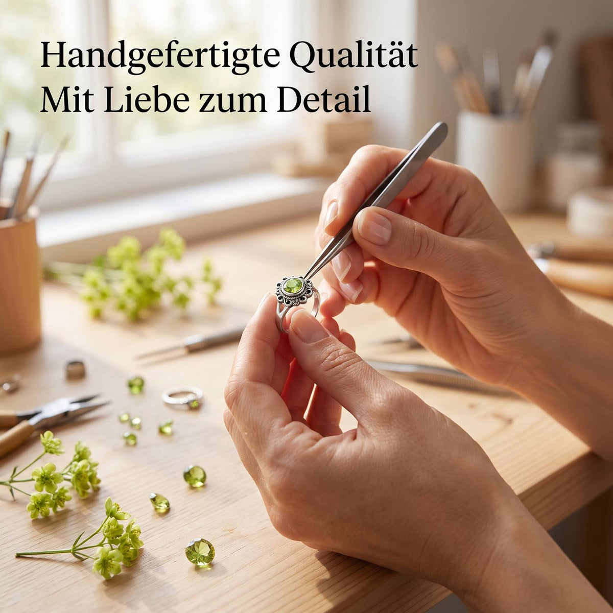 Handgefertigter Silberring mit Peridot bei der Schmuckherstellung