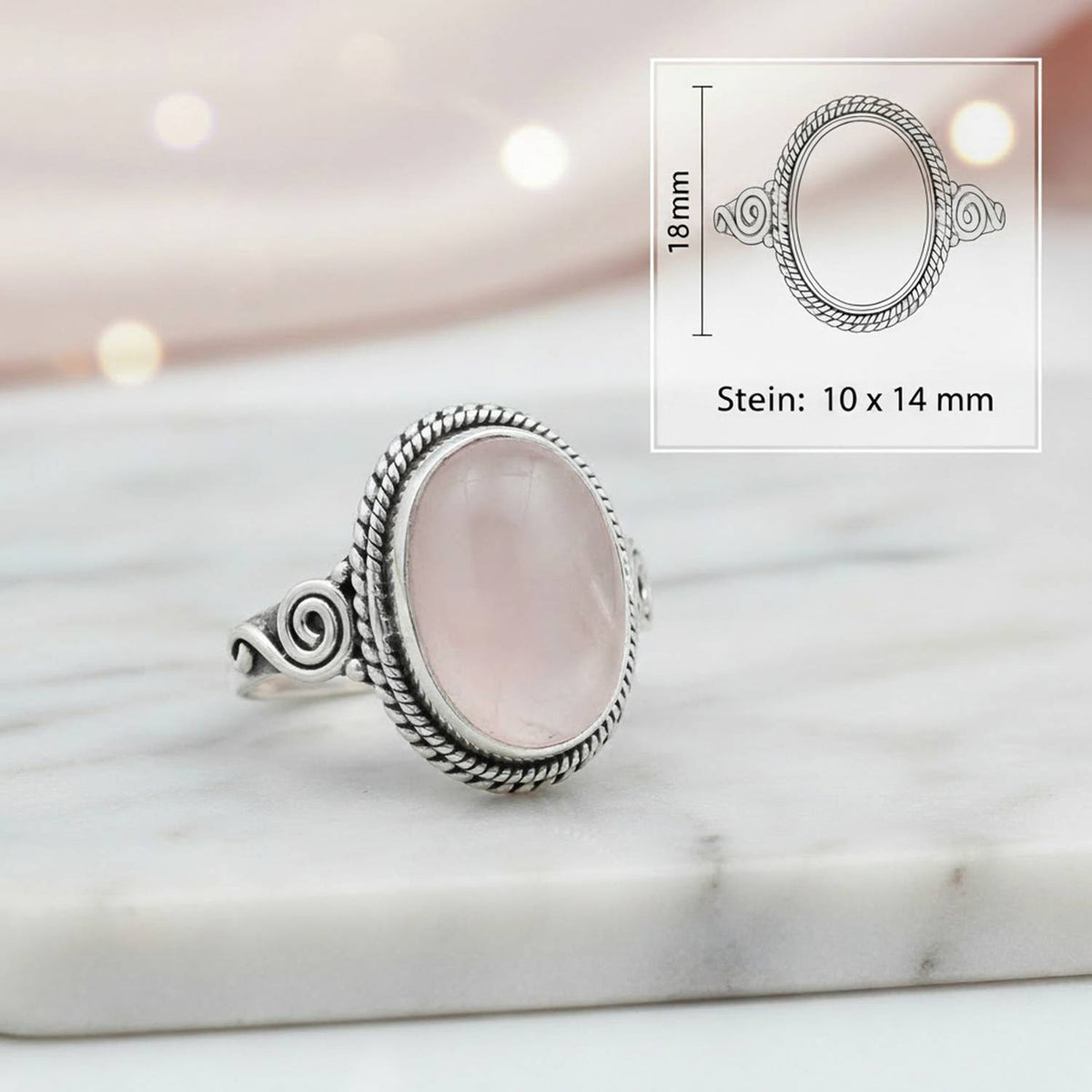 Rosenquarzring aus Silber mit Maßangaben zu Ring und Edelstein