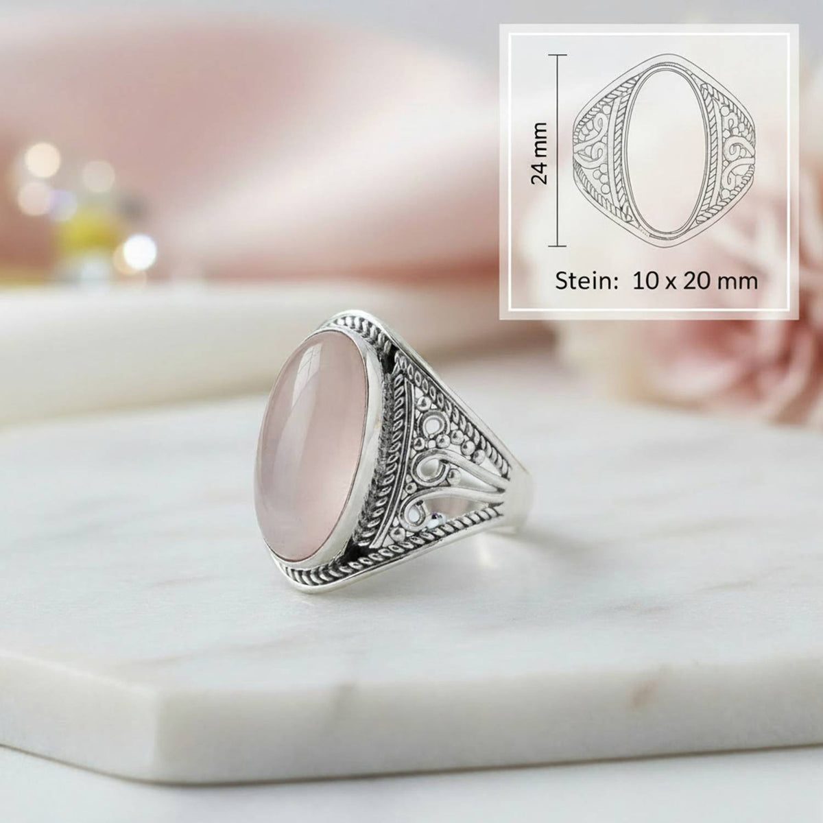 Rosenquarzring aus Silber mit Maßangaben zu Ring und Edelstein