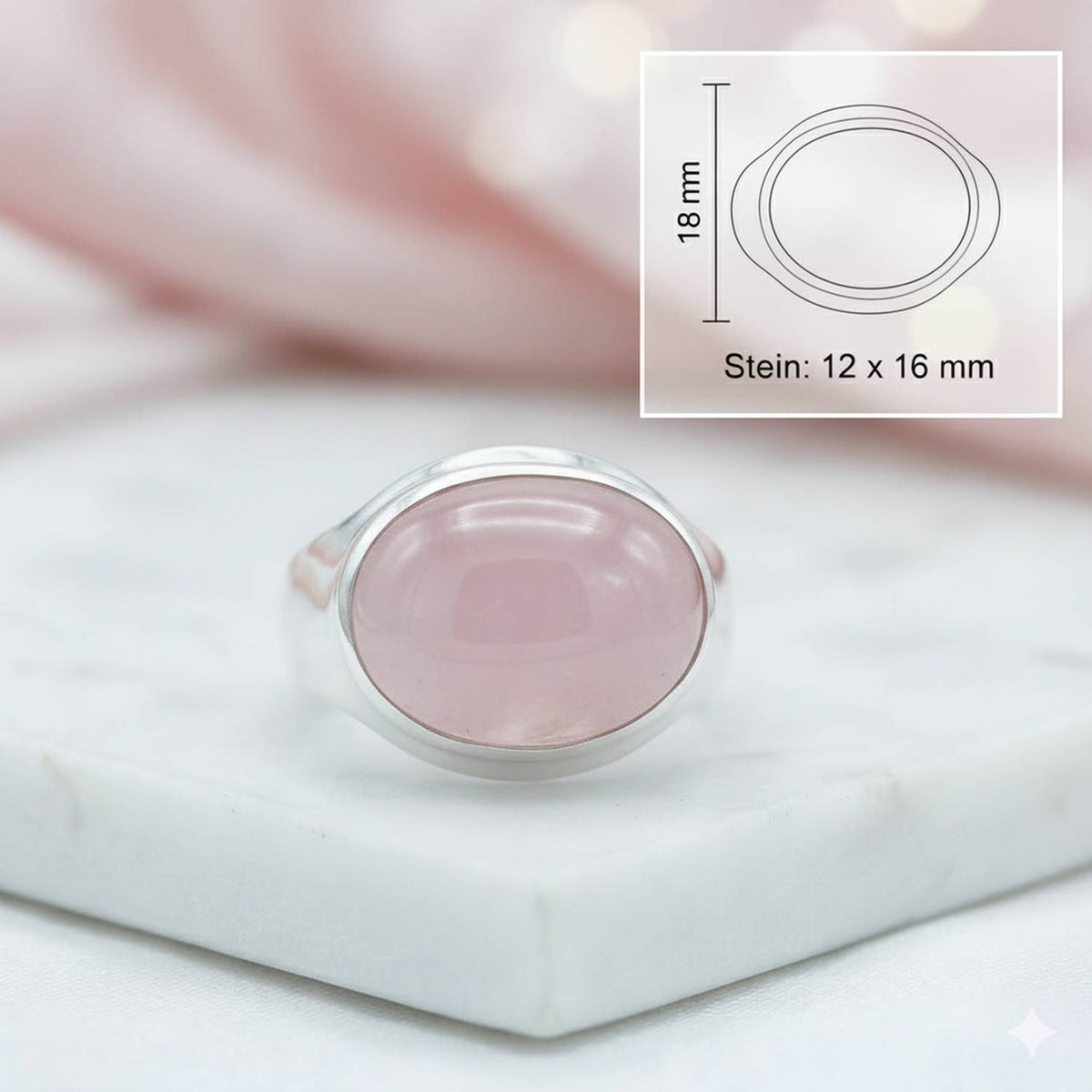 Rosenquarzring aus Silber mit Maßangaben zu Ring und Edelstein