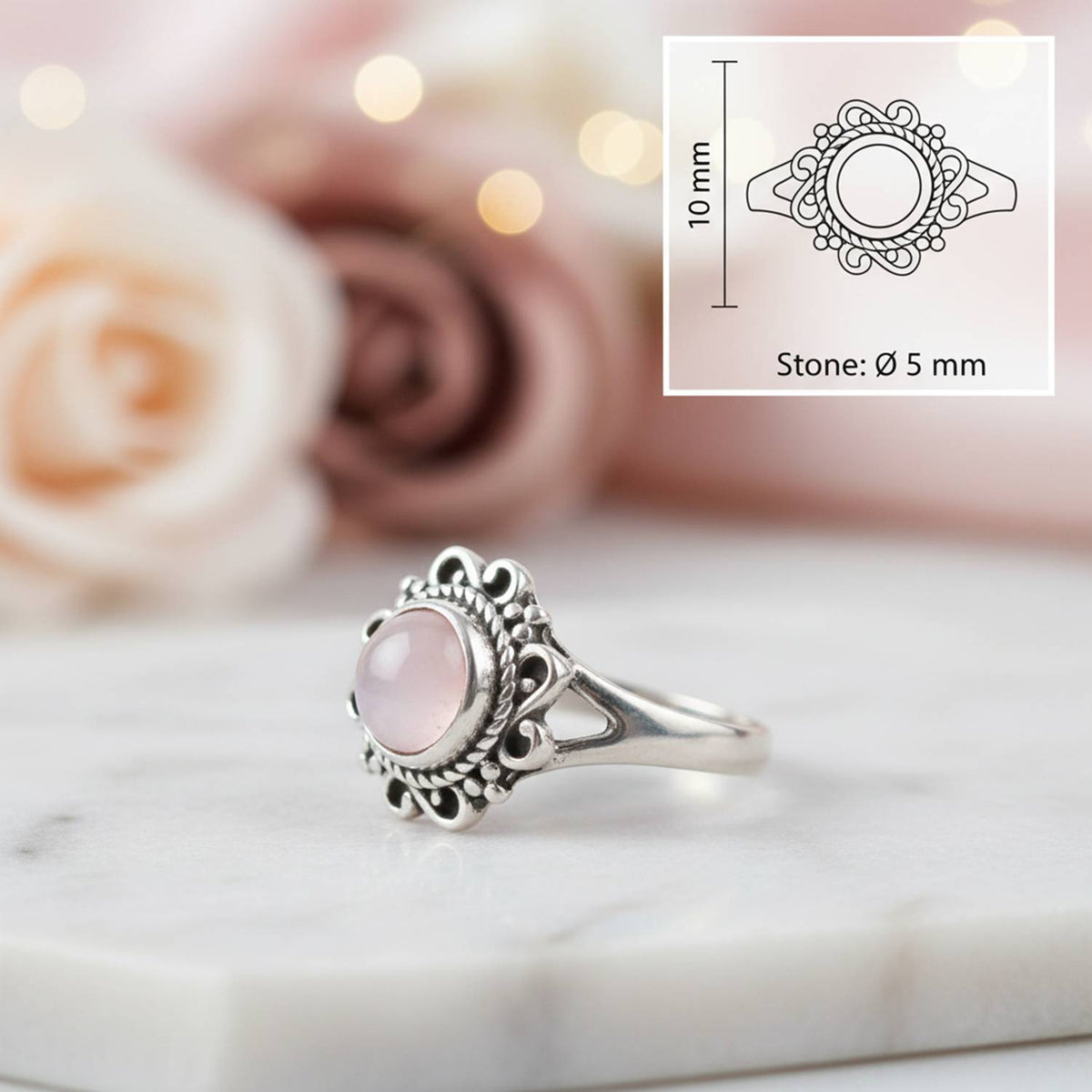 Rosenquarzring aus Silber mit Maßangaben zu Ring und Edelstein