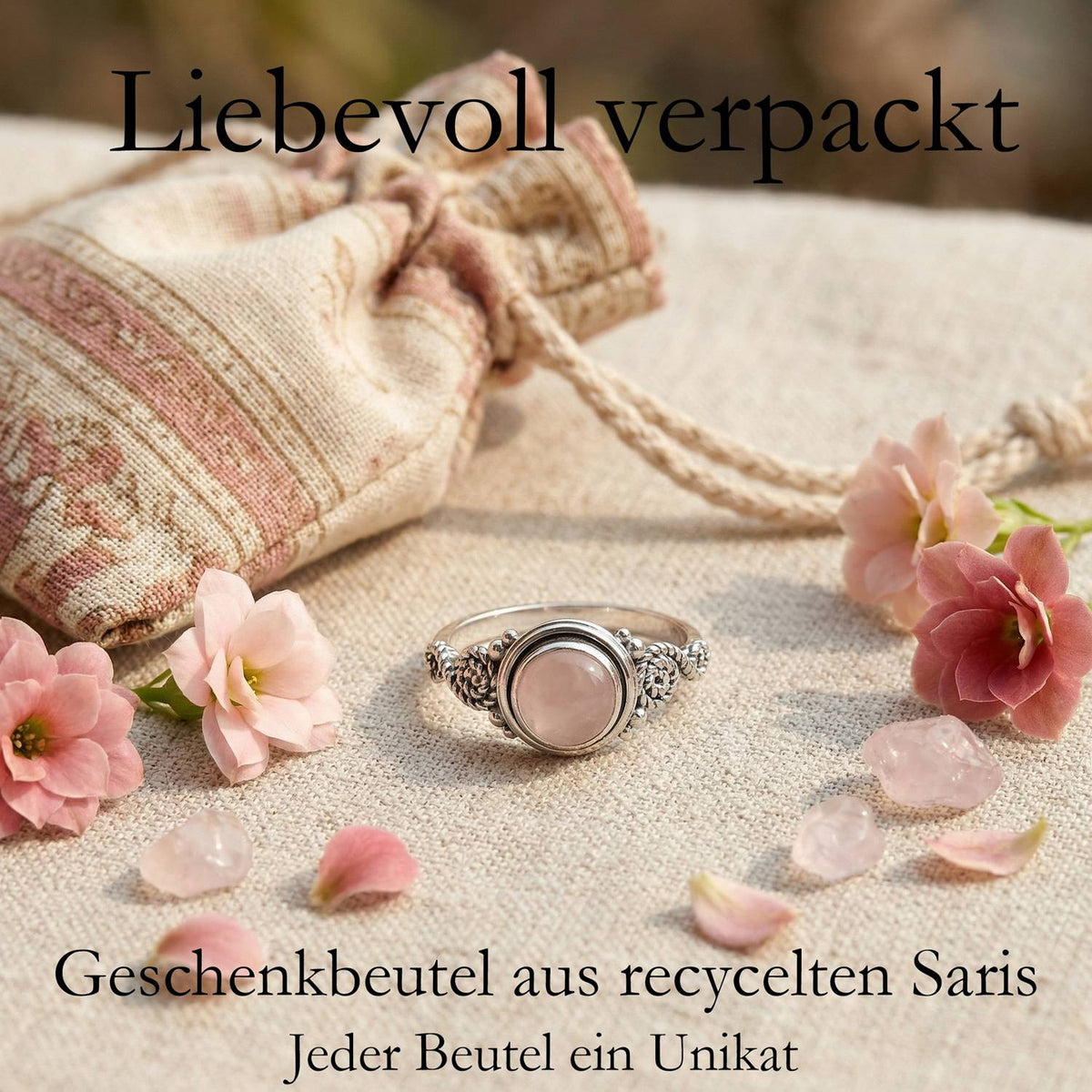 Silberring mit Rosenquarz und Geschenkbeutel aus recyceltem Sari