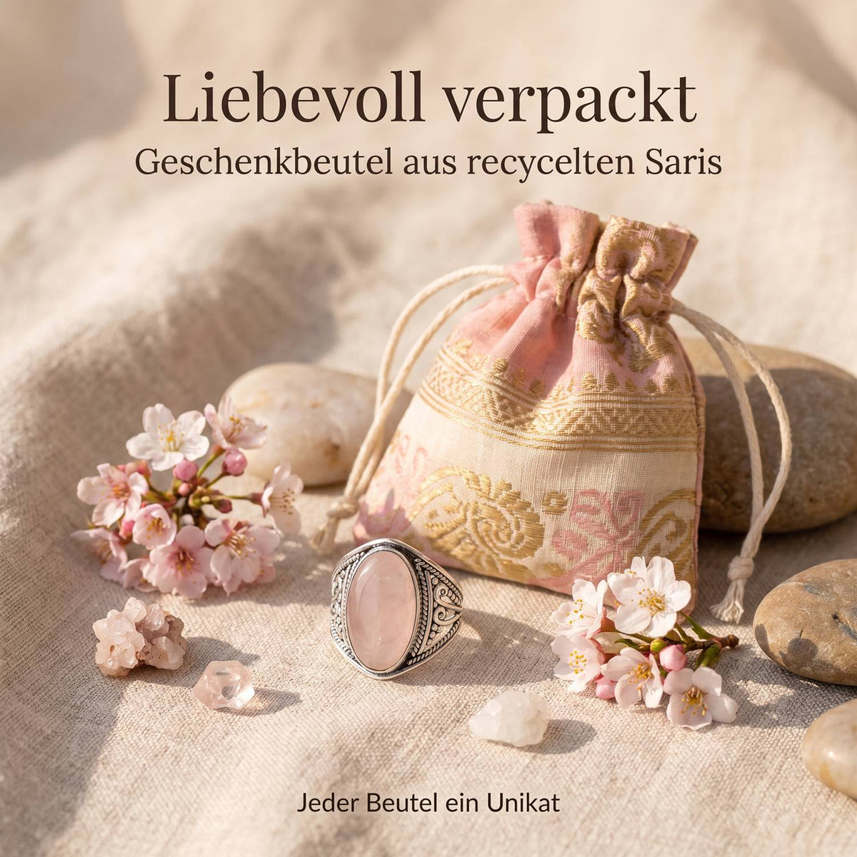 Silberring mit Rosenquarz und Geschenkbeutel aus recyceltem Sari