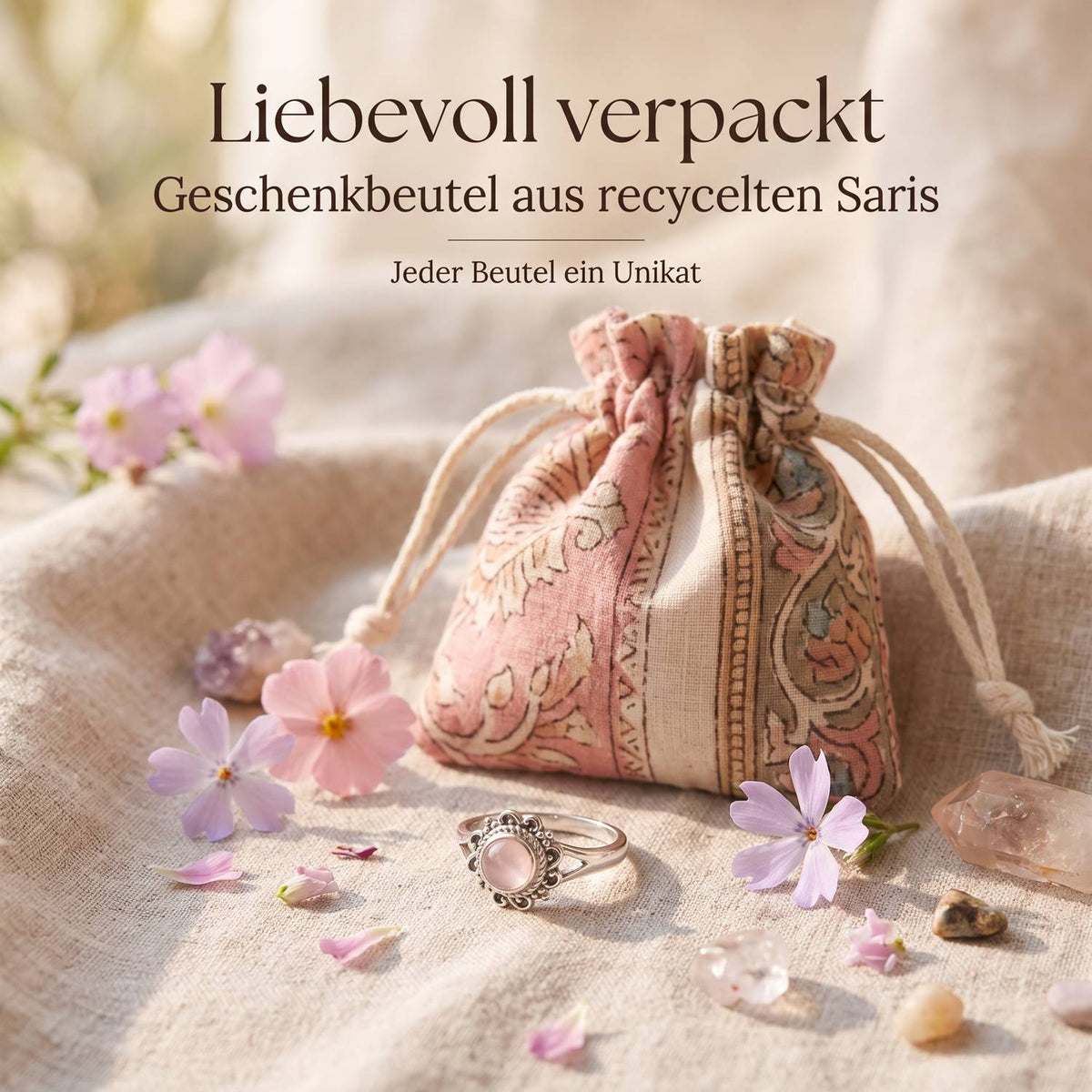 Silberring mit Rosenquarz und Geschenkbeutel aus recyceltem Sari