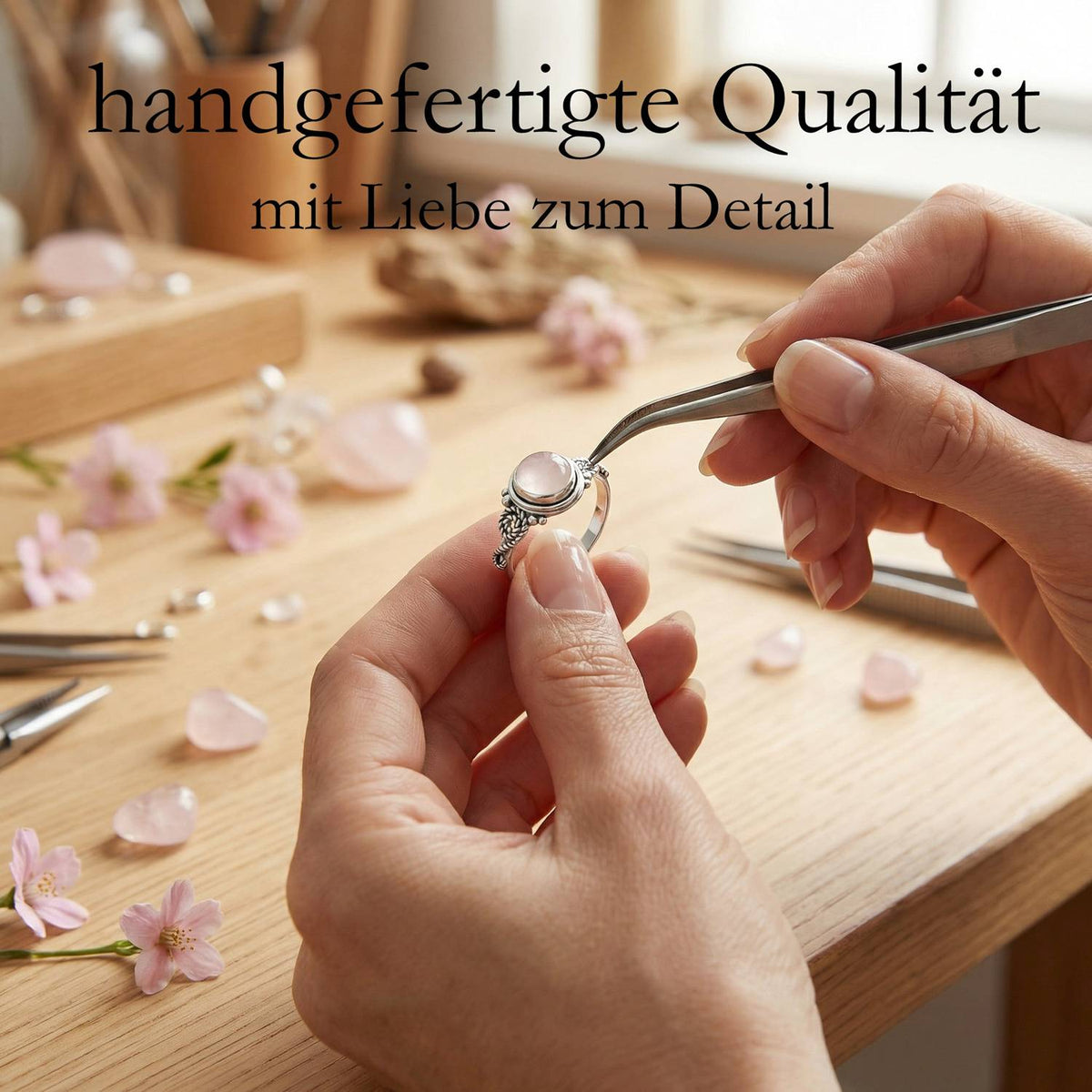 Handgefertigter Silberring mit Rosenquarz bei der Schmuckherstellung