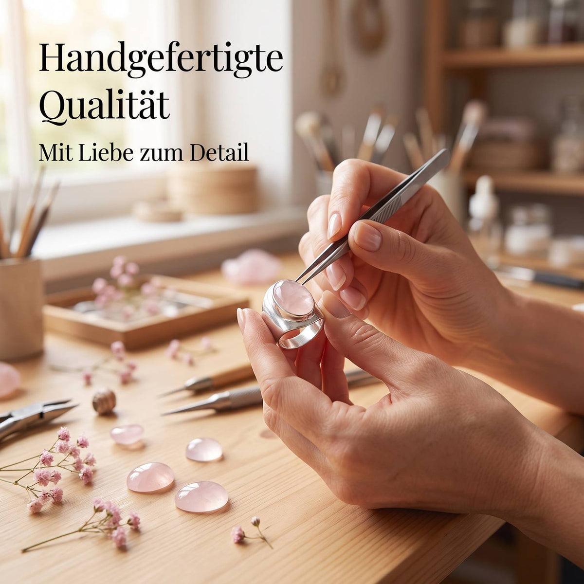 Handgefertigter Silberring mit Rosenquarz bei der Schmuckherstellung