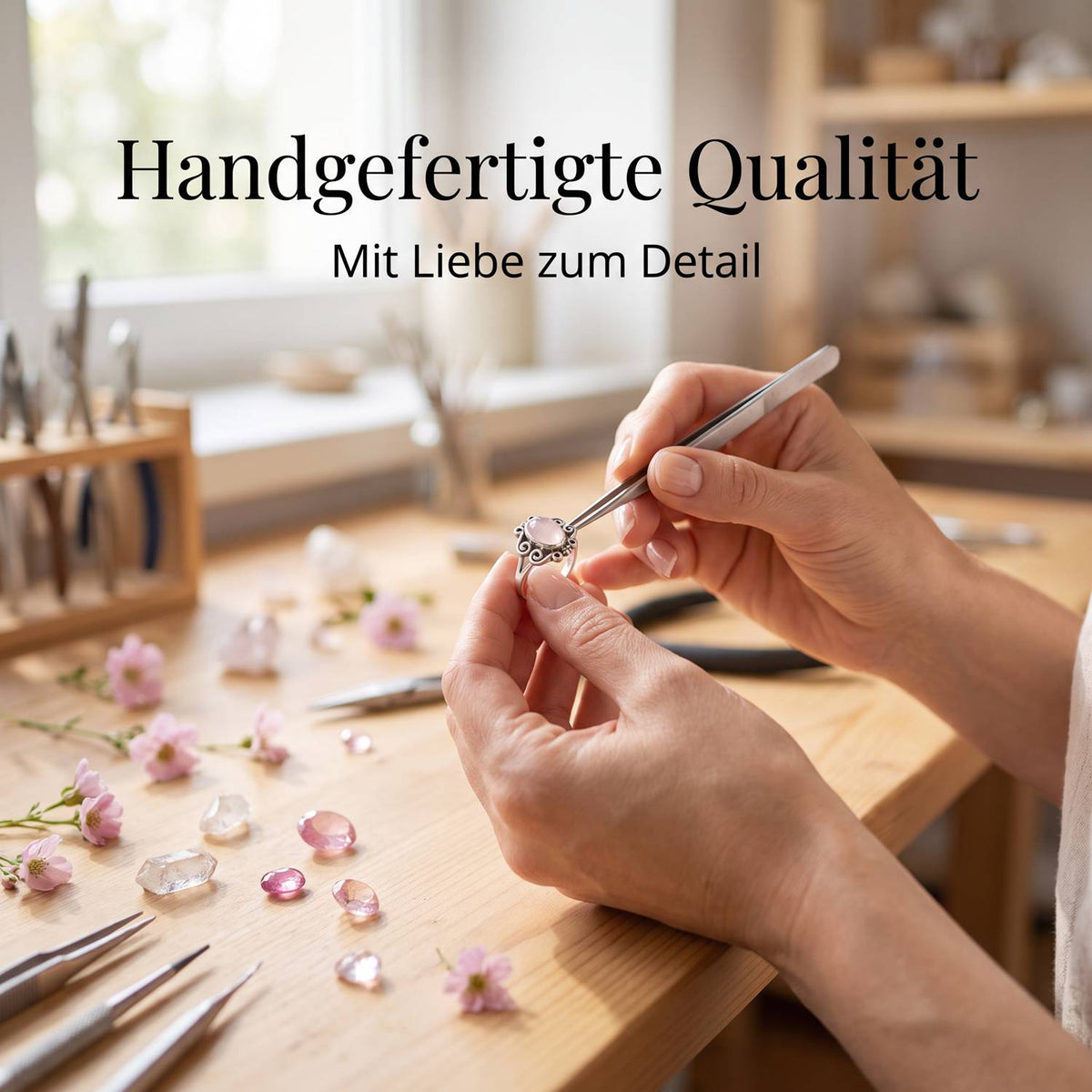 Handgefertigter Silberring mit Rosenquarz bei der Schmuckherstellung