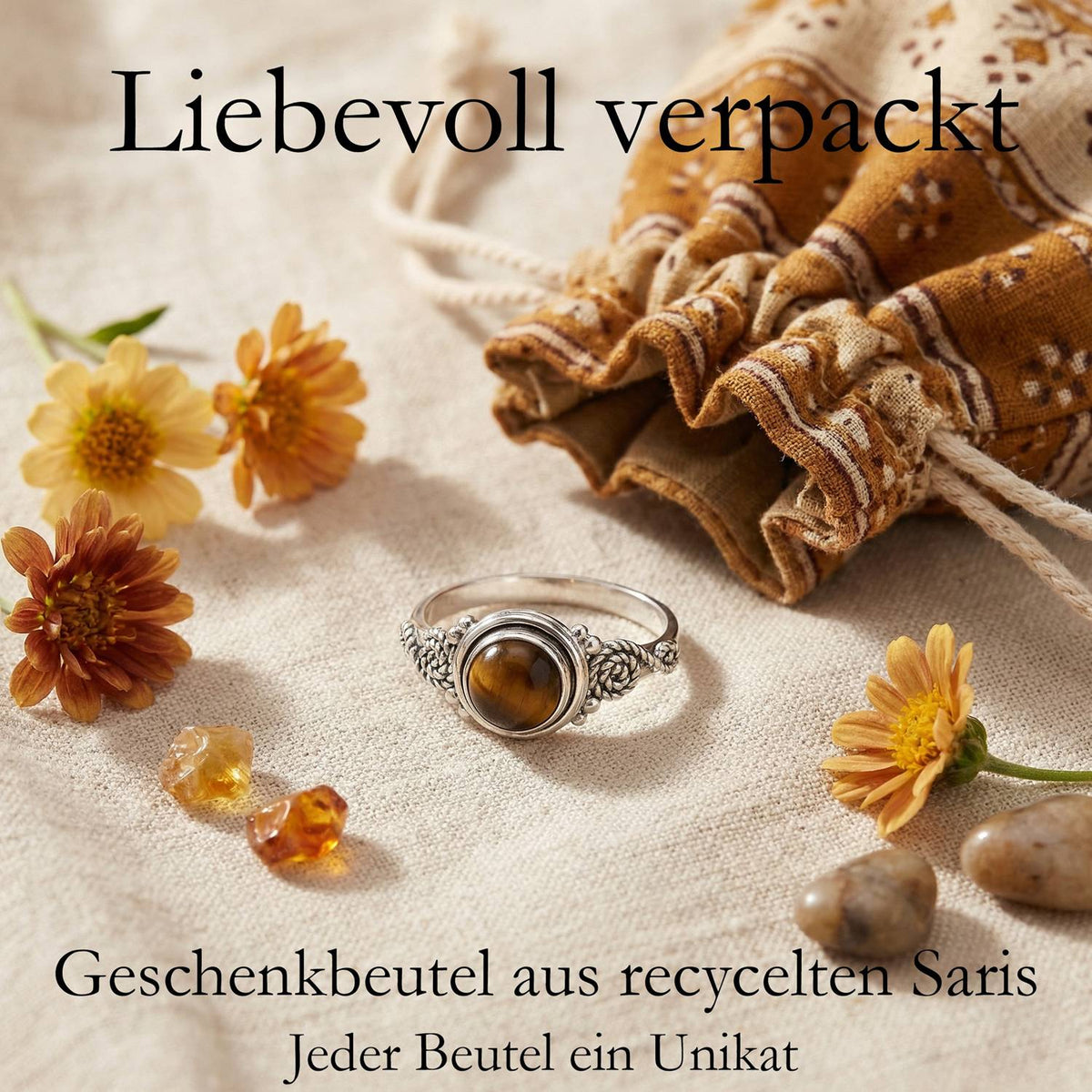 Silberring mit Tigerauge und Geschenkbeutel aus recyceltem Sari