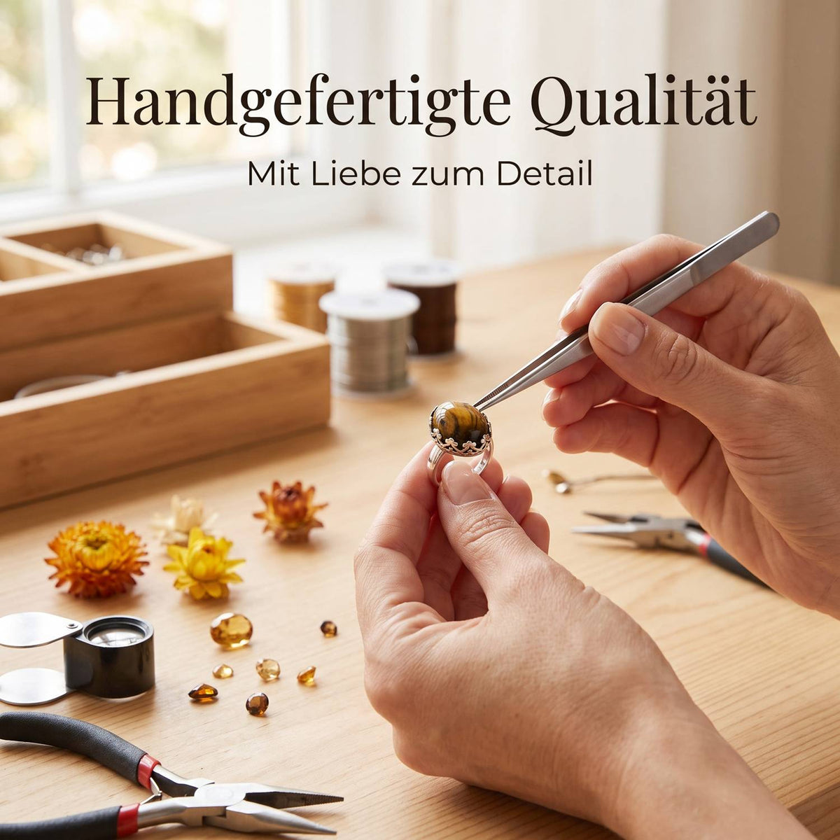 Handgefertigter Silberring mit Tigerauge bei der Schmuckherstellung