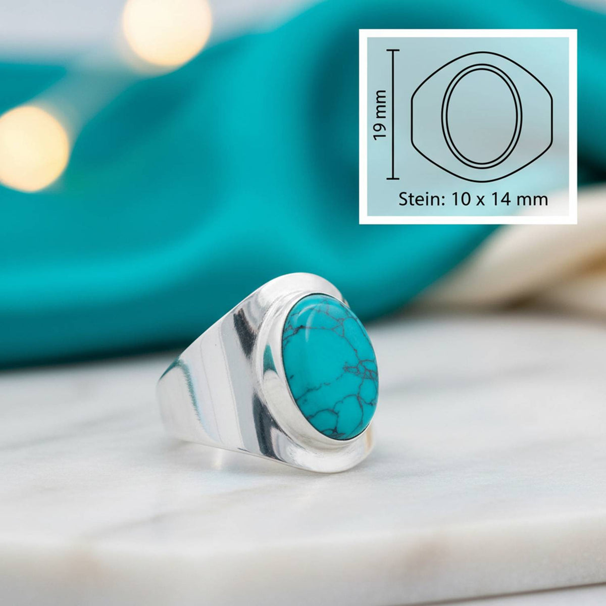 Türkisring aus Silber mit Maßangaben zu Ring und Edelstein