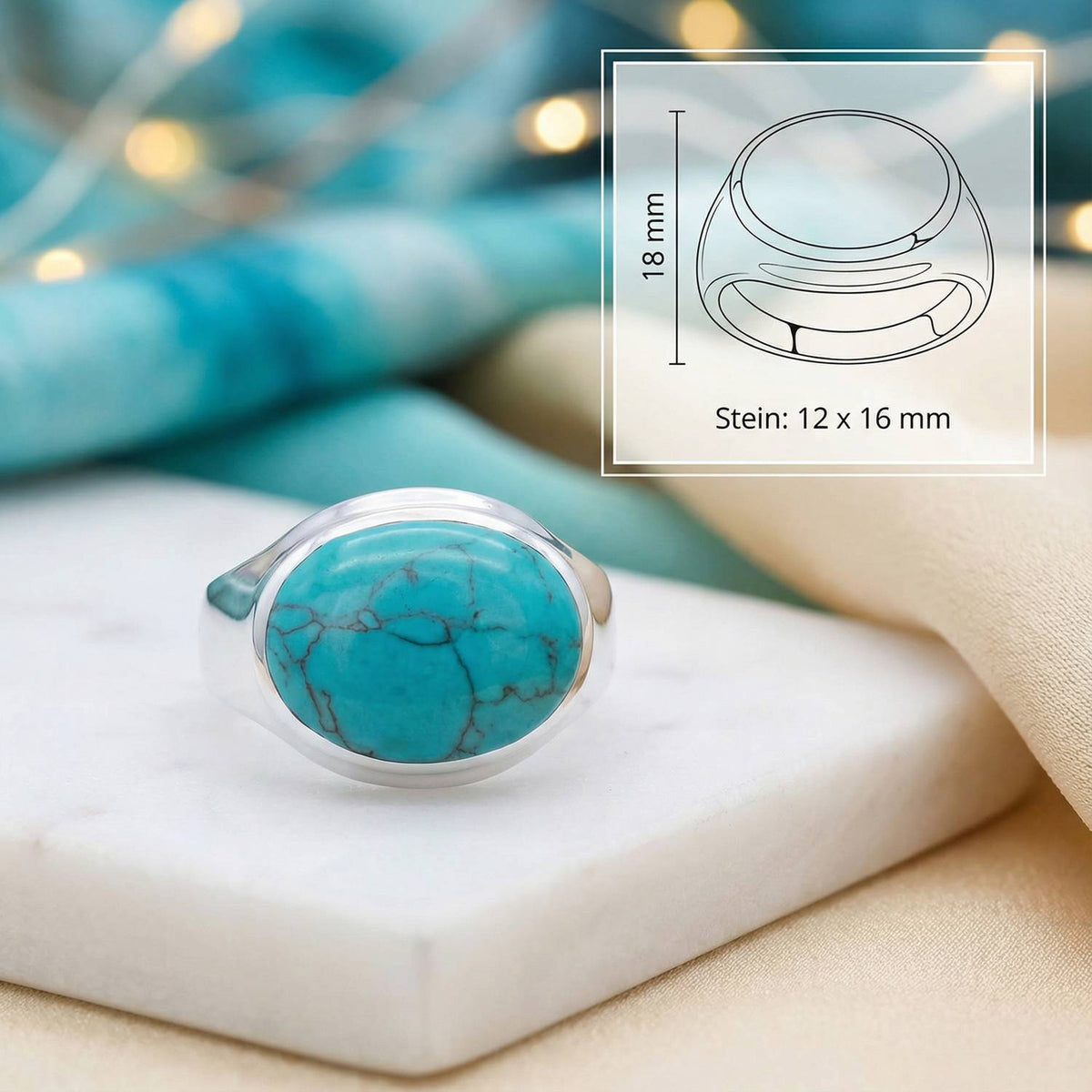 Türkisring aus Silber mit Maßangaben zu Ring und Edelstein