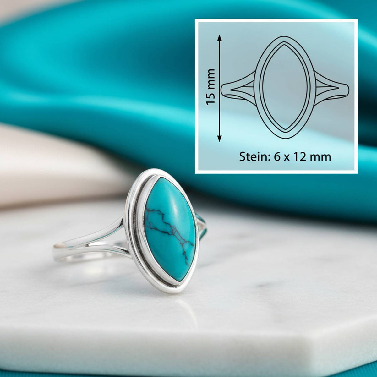 Türkisring aus Silber mit Maßangaben zu Ring und Edelstein