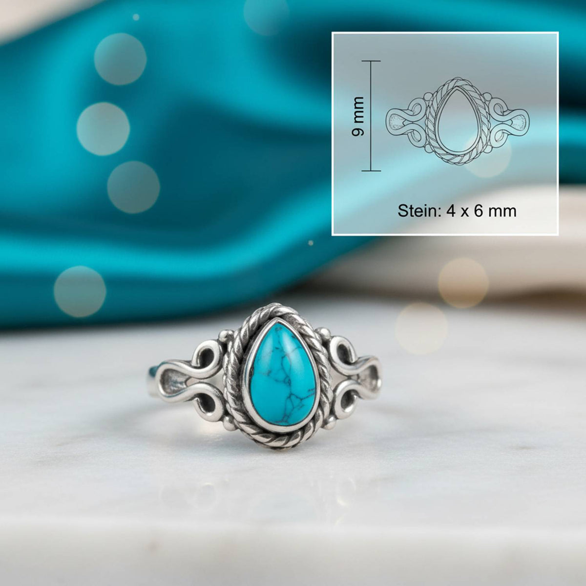 Türkisring aus Silber mit Maßangaben zu Ring und Edelstein
