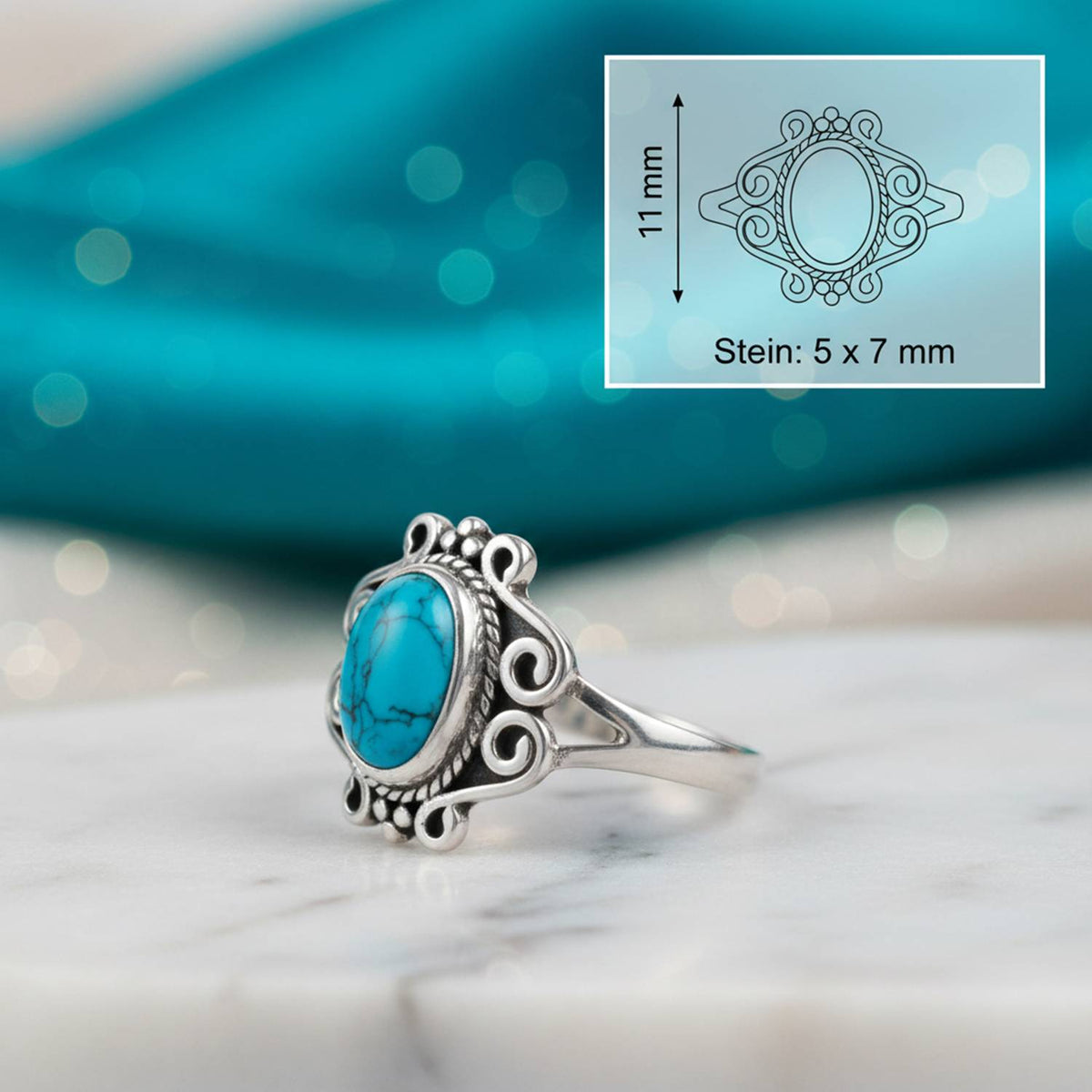 Türkisring aus Silber mit Maßangaben zu Ring und Edelstein