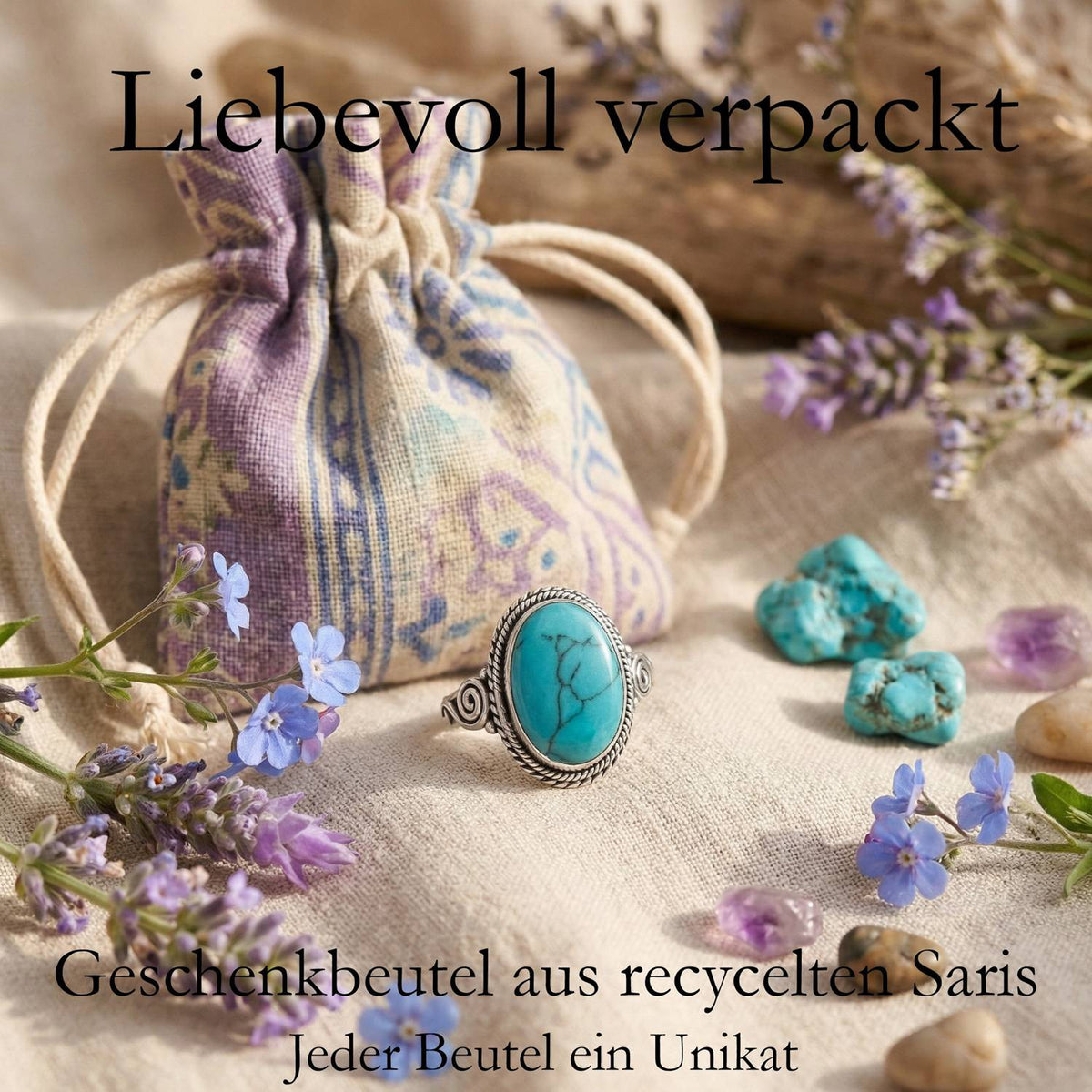 Silberring mit Türkis und Geschenkbeutel aus recyceltem Sari