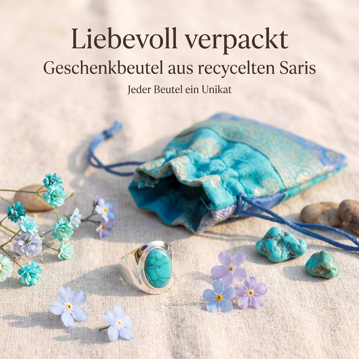 Silberring mit Türkis und Geschenkbeutel aus recyceltem Sari