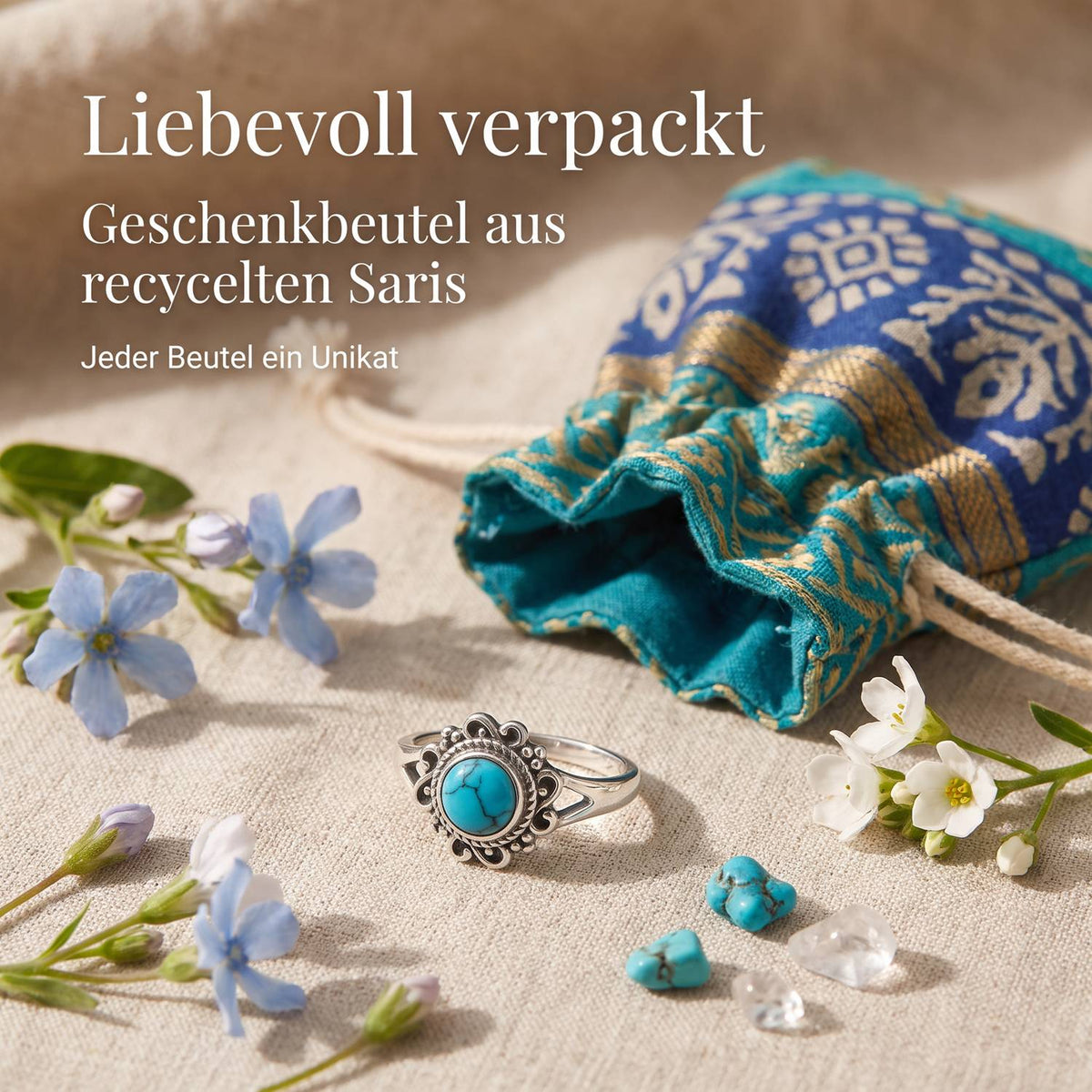 Silberring mit Türkis und Geschenkbeutel aus recyceltem Sari