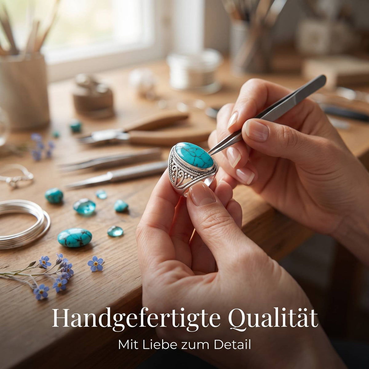 Handgefertigter Silberring mit Türkis bei der Schmuckherstellung