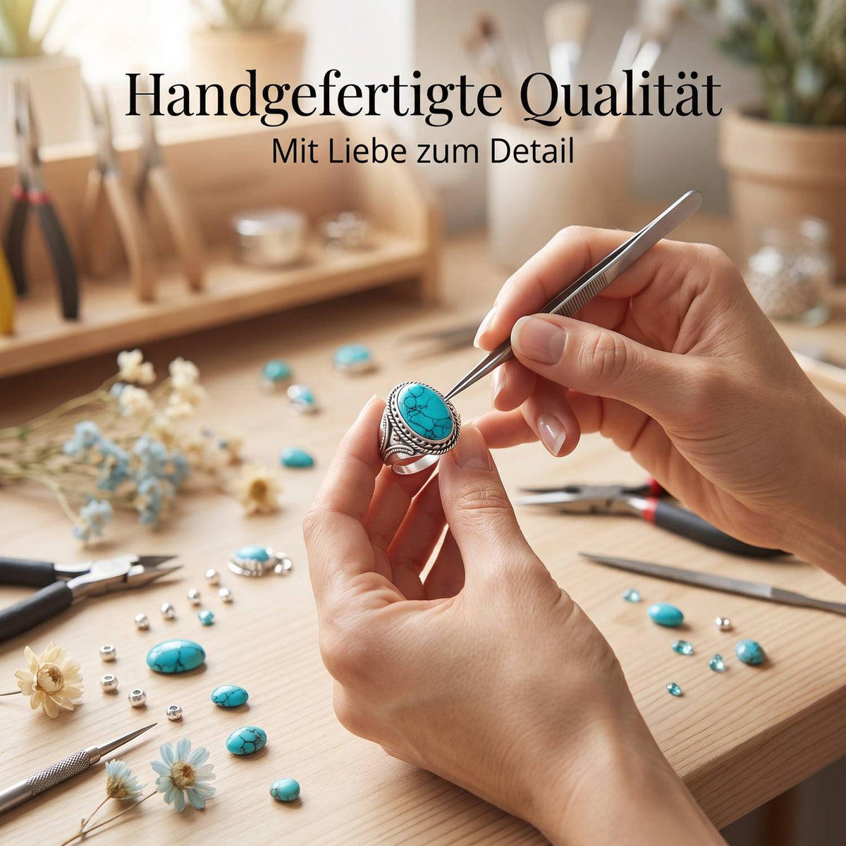 Handgefertigter Silberring mit Türkis bei der Schmuckherstellung