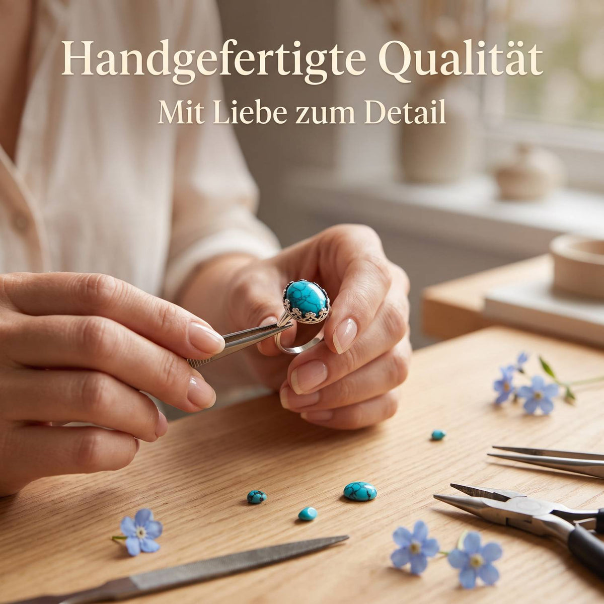 Handgefertigter Silberring mit Türkis bei der Schmuckherstellung