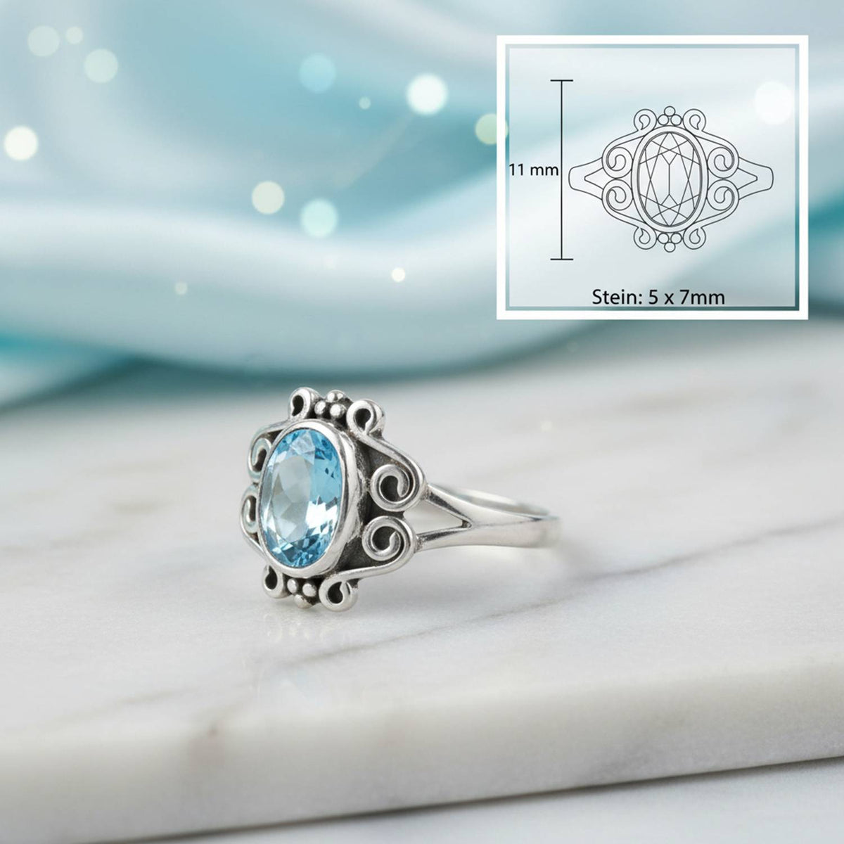 Topasring aus Silber mit Maßangaben zu Ring und Edelstein