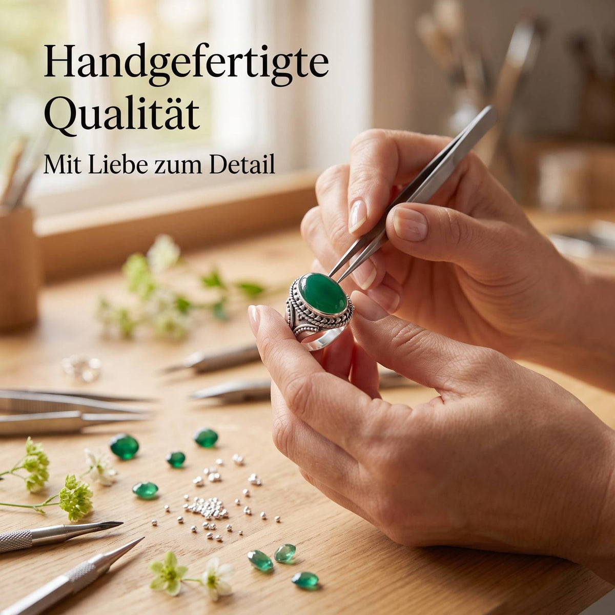 Handgefertigter Silberring mit grüner Onyx bei der Schmuckherstellung