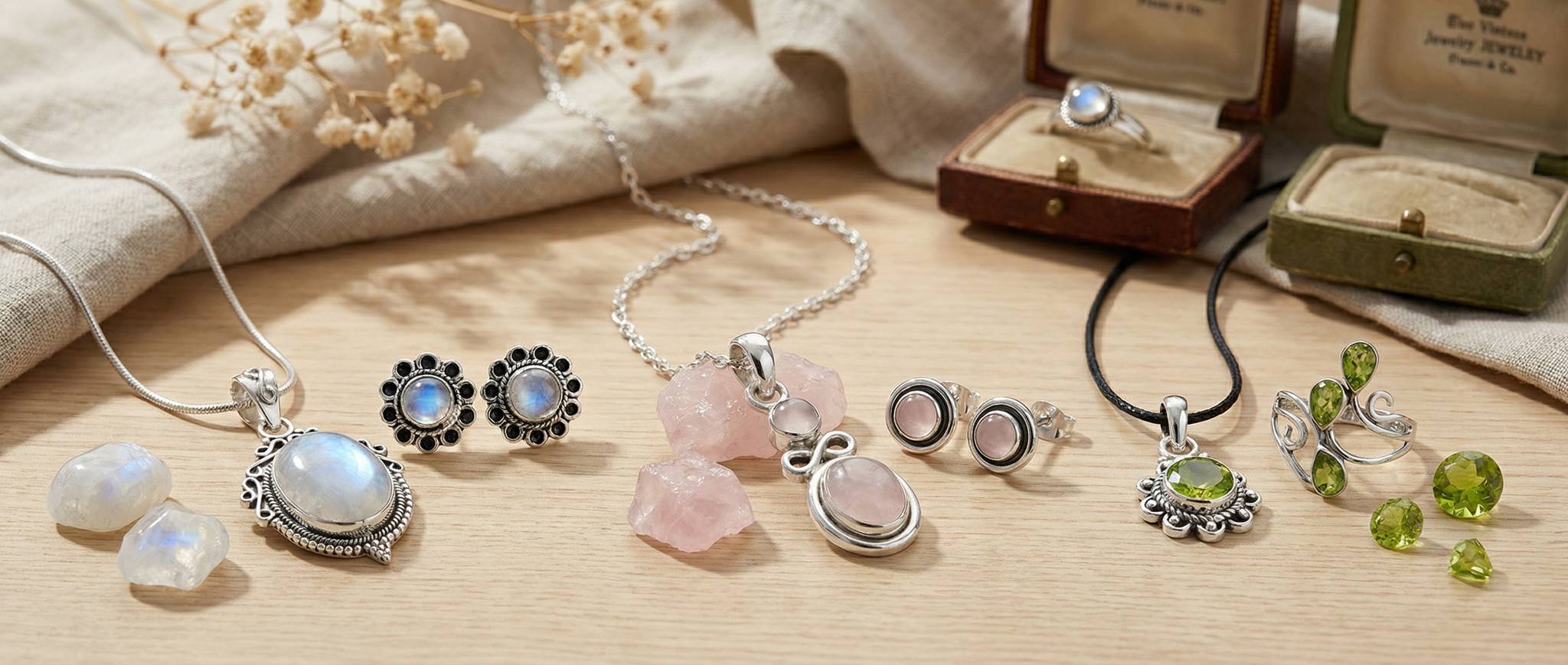 Edelsteine Silberschmuck Rosenquarz Mondstein Peridot Übersicht