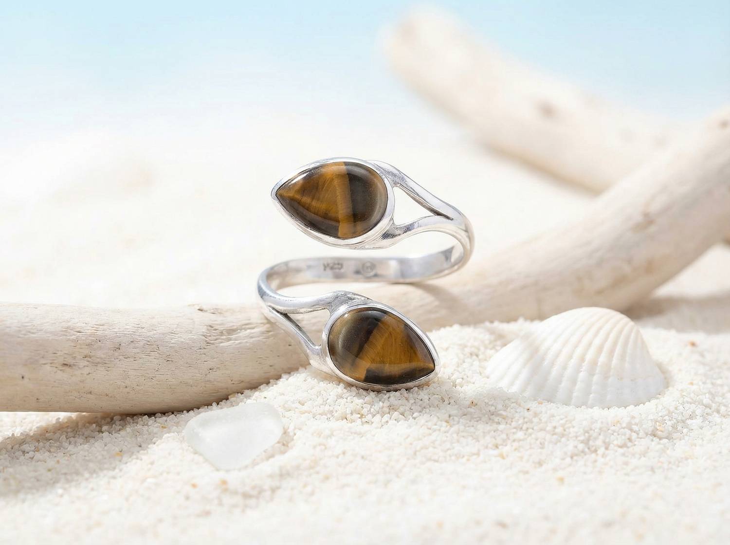 Tigerauge Ring  Tropfen schlicht 925 Sterlingsilber