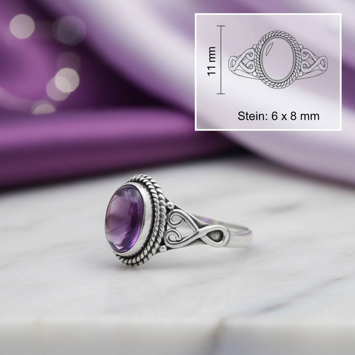 Amethystring aus Silber mit Maßangaben zu Ring und Edelstein