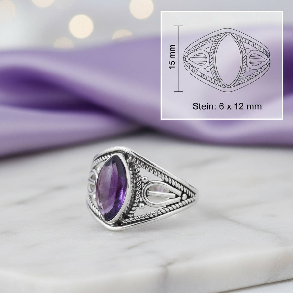 Amethystring aus Silber mit Maßangaben zu Ring und Edelstein